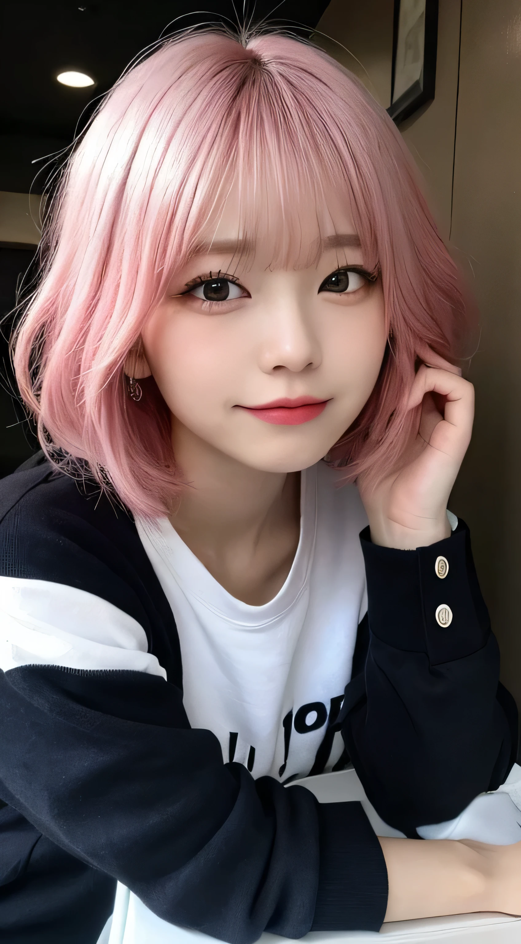 masutepiece, Best Quality, Illustration, Ultra-detailed, finely detail, hight resolution, 8K,Wallpaper, Perfect dynamic composition, Beautiful detailed eyes, White long sleeve trainer,Short bob hair、Pink hair color,Big Natural Color Lip, Bold sexy poses,Thin laughter、cold stare,Harajuku、20 years girl、Cute、、In a dark room、Eyes closed、Depressed