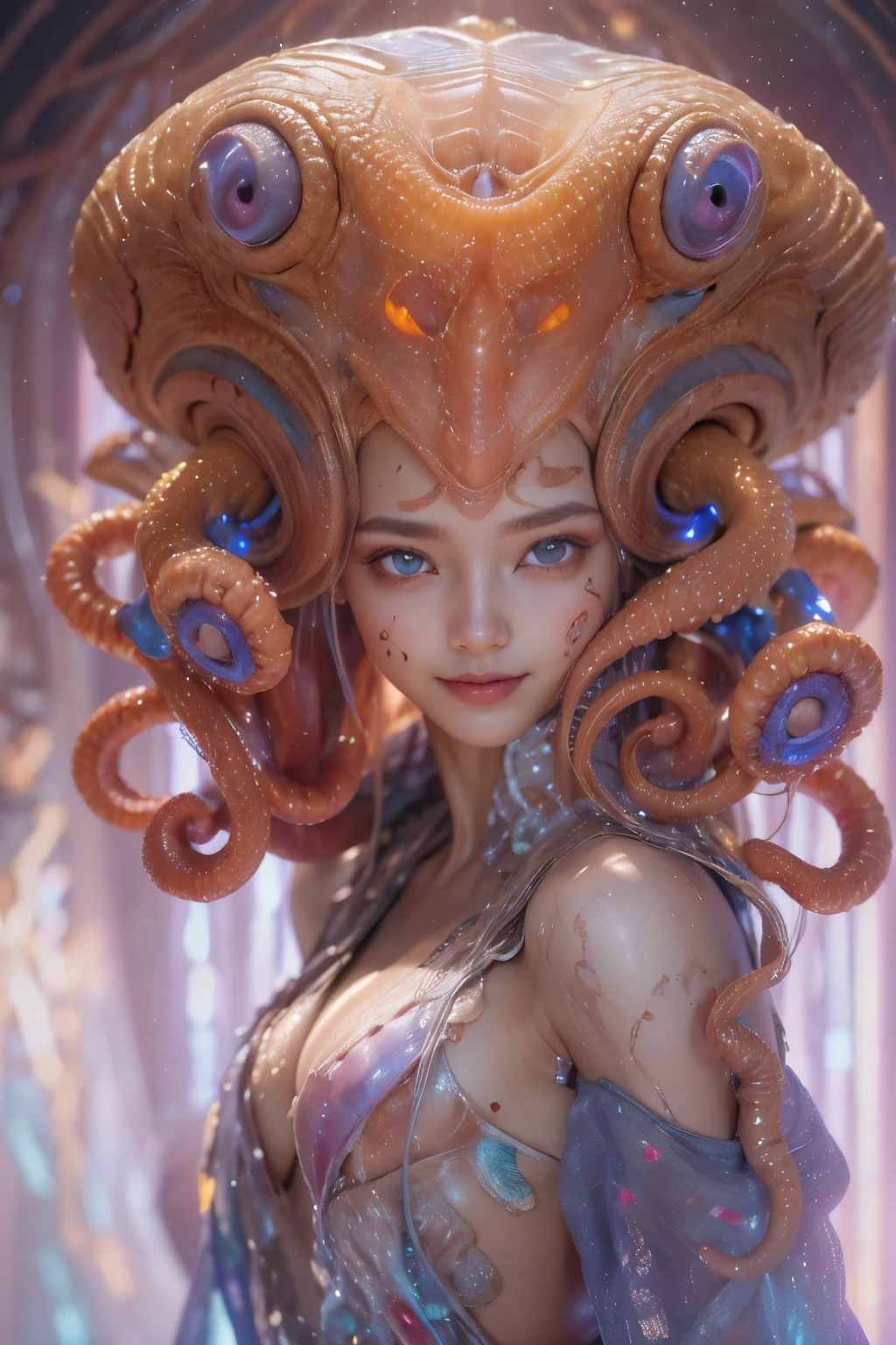 Portrait, (1 beautiful female alien:1.2), ((There is a female genital-like organ in the middle of the forehead.:1.9)), (The most beautiful face in the history of the universe:1.2), (Scarlet eyes that shine mysteriously:1.6), (Translucent skin:1.8), an evil gaze that seduces, (red eyes:1.5), (large mouth:1.1), sharp teeth like a shark, Full body like, (bio luminescent:1.2), (Smile wickedly:1.3), (sexypose:1.5), alien, No humans, cells are fused, (Lots of translucent tentacles:1.1) (Translucent skin:1.3), extraterrestrial, cell, bio image, Best Quality, 8K,4K_quality, High Definition, Dramatic Lighting, masutepiece:1.5,cinematic quality, detail up, (Intricate details:1.2), High resolution, High Definition, drawing faithfully, (Thick eyebrows:1.2), Beautiful eyes with fine symmetry, (Ultra detailed eyes:1.2),(Highly detailed face and eyes:1.2), (High-resolution red-eye:1.4), Intimate face, (Super detailed skin quality feeling:1.4), Perfect Anatomy, (Beautiful toned body:1.5), (Moist skin:1.2), No makeup, (dark circles:1.1), long canines, cinematic drawing of characters, ultra high quality model, cinematic quality, detail up, (Intricate details:1.2), High resolution, High Definition, drawing faithfully, Official art, Unity 8K wall , 8K Portrait, Best Quality, Very High resolution, ultra detailed artistic photography, midnight aura, unreal enginee 5, Ultra Sharp Focus, art by alberto seveso, ArtGerm, Roisch, intricate artwork, best quality, masutepiece, ultra High resolution, (photos realistic:1.4), Ultra-realistic realism, dream-like, nautilus, Creation of fantasy, Snail, Dream Snail, (biopunk nautilus:1.3), Thrilling color schemes, Ultra-realistic realism, seductively smiling, Blue tentacles, Creatures that mimic humans