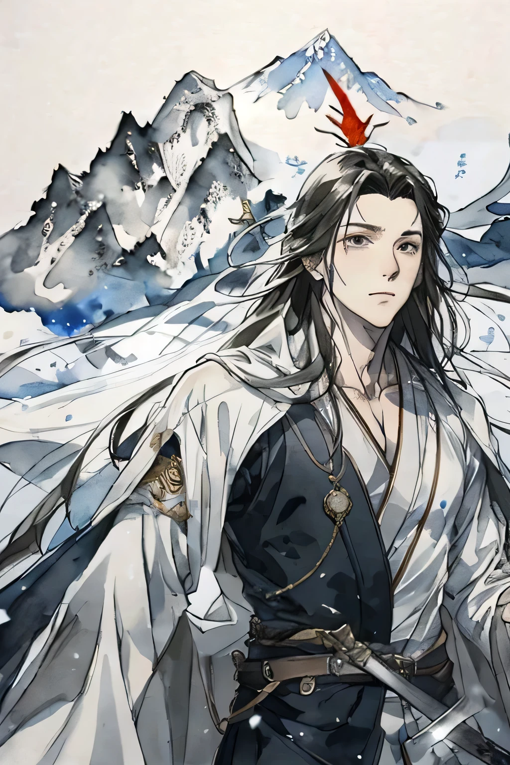 Towering snow-capped mountains,Shadow of the Divine Bird,ink mark,Ink painting and watercolor,�