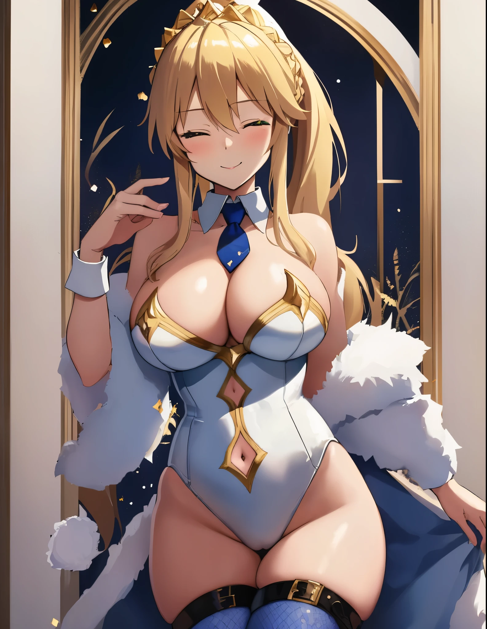 masterpiece, best quality, absurdres, soft lighting, looking at viewer, solo, light_smile, wink, one eye closed,
1girl, ahoge, rabbit ears, playboy bunny, artoria pendragon \(swimsuit ruler\) \(fate\), large breasts , blonde hair, green eyes, french braid,  pony tail
bare shoulders, large breasts , cleavage,
clothing cut out, wrist cuffs, detached collar, navel cutout, feather boa,
white leotard, blue necktie, blue pantyhose, single thigh strap, hands behind head,
cowboy shot,
white background,