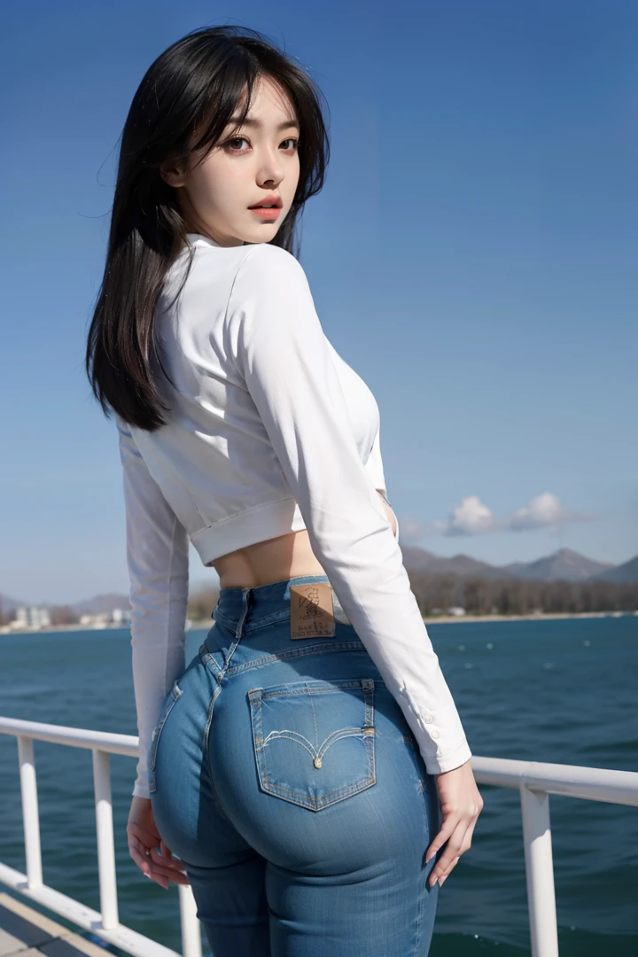 8K分辨率，Tall beauty in lake blue tight denim hot pants，White jacket，White small breasts and fat butt，legs long，Wide and large，The body is a little fat，Pear-shaped body，Beautiful weather，Under the sunlight
