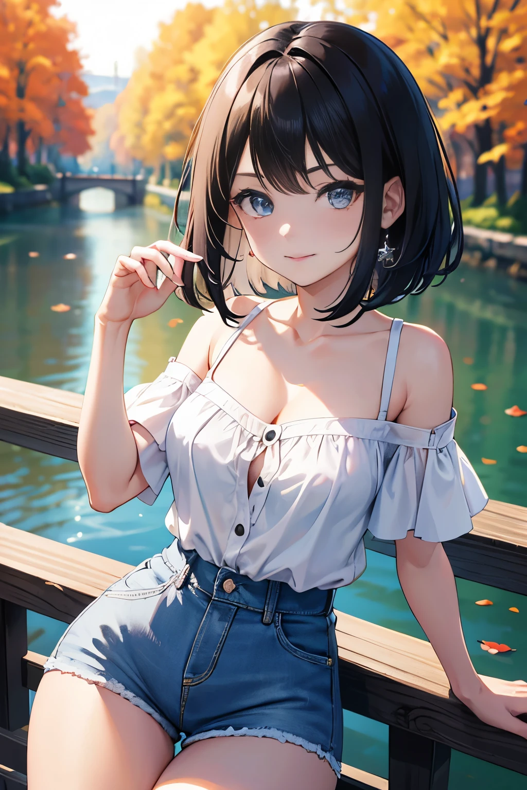 (Masterpiece:1.2, high quality), (absurdres:1.2), (pixiv:1.4), (1girl:1.2), (solo:1.2), (smile:0.8), blush, beautiful caucasian woman, (mature), symmetric face, bob cut with side fringes, bangs, black hair, crystal blue eyes, double eyelids, dark eyeshadow, pale pink lips, smile, collarbone, off-shoulder hoodie, cleavage, denim shorts, thighs, slim waist, body curves, dynamic pose, beautiful scenery, wooden river bridge, leaning on railing, dawn, aesthetic outdoors, dawn sky, autumn, autumn tree leaves, ultra detailed, extra details, (highres:1.2), HD, 8k, 1080, vivid colors, dim lighting, intrinsic details, (blurry_background:1.2), highly focused face, (detailed face)