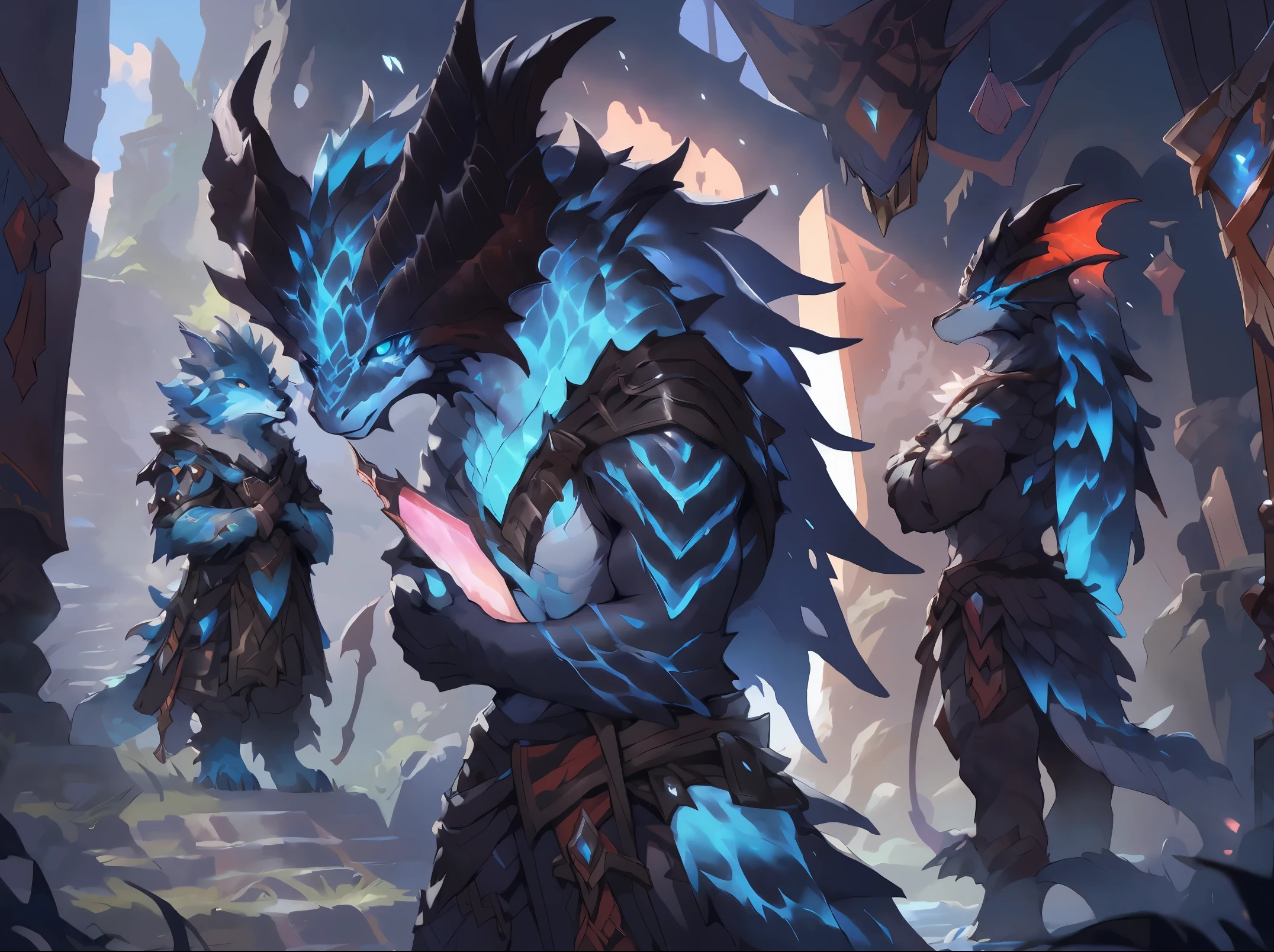 There is a painting of a wolf in blue and white, detailed creature, mythological creatures, highly detailed creature, Fantasy creature concept art, fantastical creature, From Pathfinder, a minotaur wolf, furry fantasy art, spirit fantasy concept art, anthro dragon art, very very beautiful furry art, anthropomorphic wolf, a mythical creature