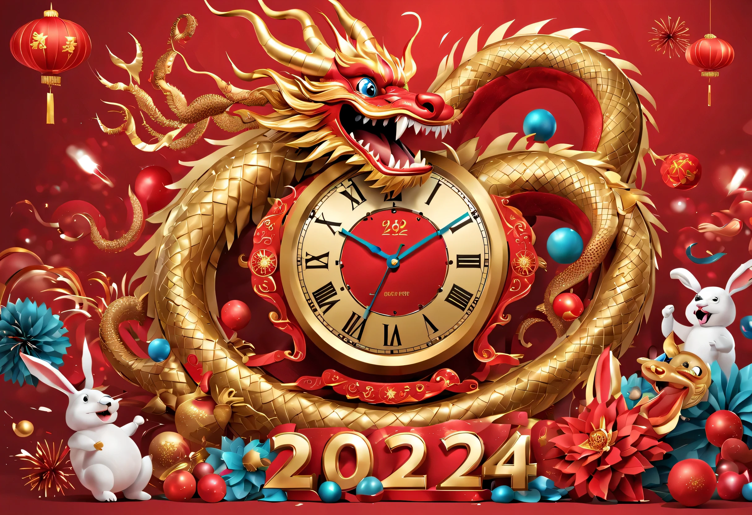 2024 new year poster design，Passionate red as the main color，with dynamism，Located in the center of the poster，Giant smiling Chinese dragon and rabbit electronic LCD screen countdown clock design，People look at the clock and shout 3,2,1，，There are various carnival elements scattered around，(air zone、fire works, ETC) ，At the bottom of the poster，a happy new year，（Golden 2024），