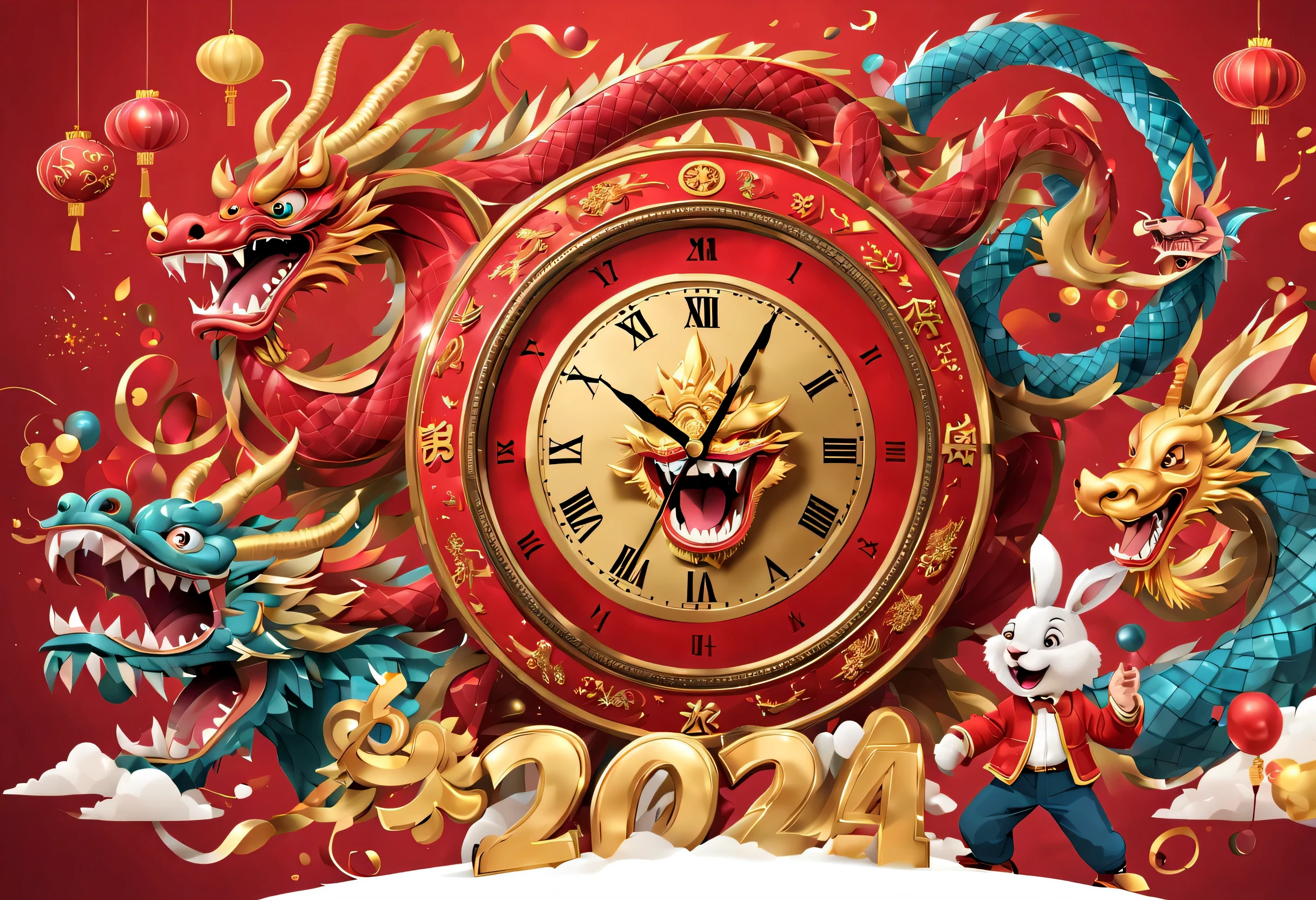 2024 new year poster design，Passionate red as the main color，with dynamism，Located in the center of the poster，Giant smiling Chinese dragon and rabbit electronic LCD screen countdown clock design，People look at the clock and shout 3,2,1，，There are various carnival elements scattered around，(air zone、fire works, ETC) ，At the bottom of the poster，a happy new year，（Golden 2024），