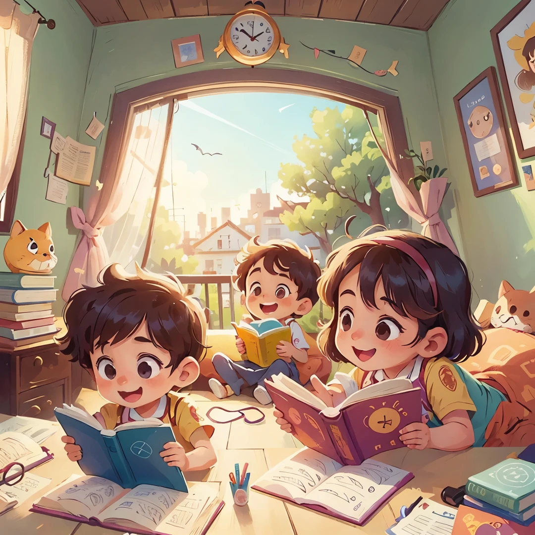 Illustration of Two Cheerful and Curious Jewish Children Reading Books and Researching at Home, Portada para libro infantil, espacio para escribir texto. Cambiar reloj por estrella de David