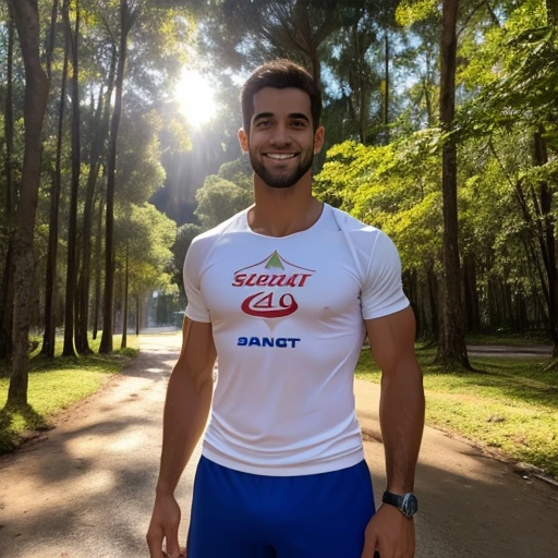 SeaArt Robot, Txt2Img, 11:21:31, master part, best quality),1 atleta de 19 anos, Cabelos pretos ondulados, sorridente, camiseta preta, de cueca preta boca larga, hand on waist, Fones de ouvido no ouvido, warm lighting, primeiro plano borrado, posando para uma auto foto.
