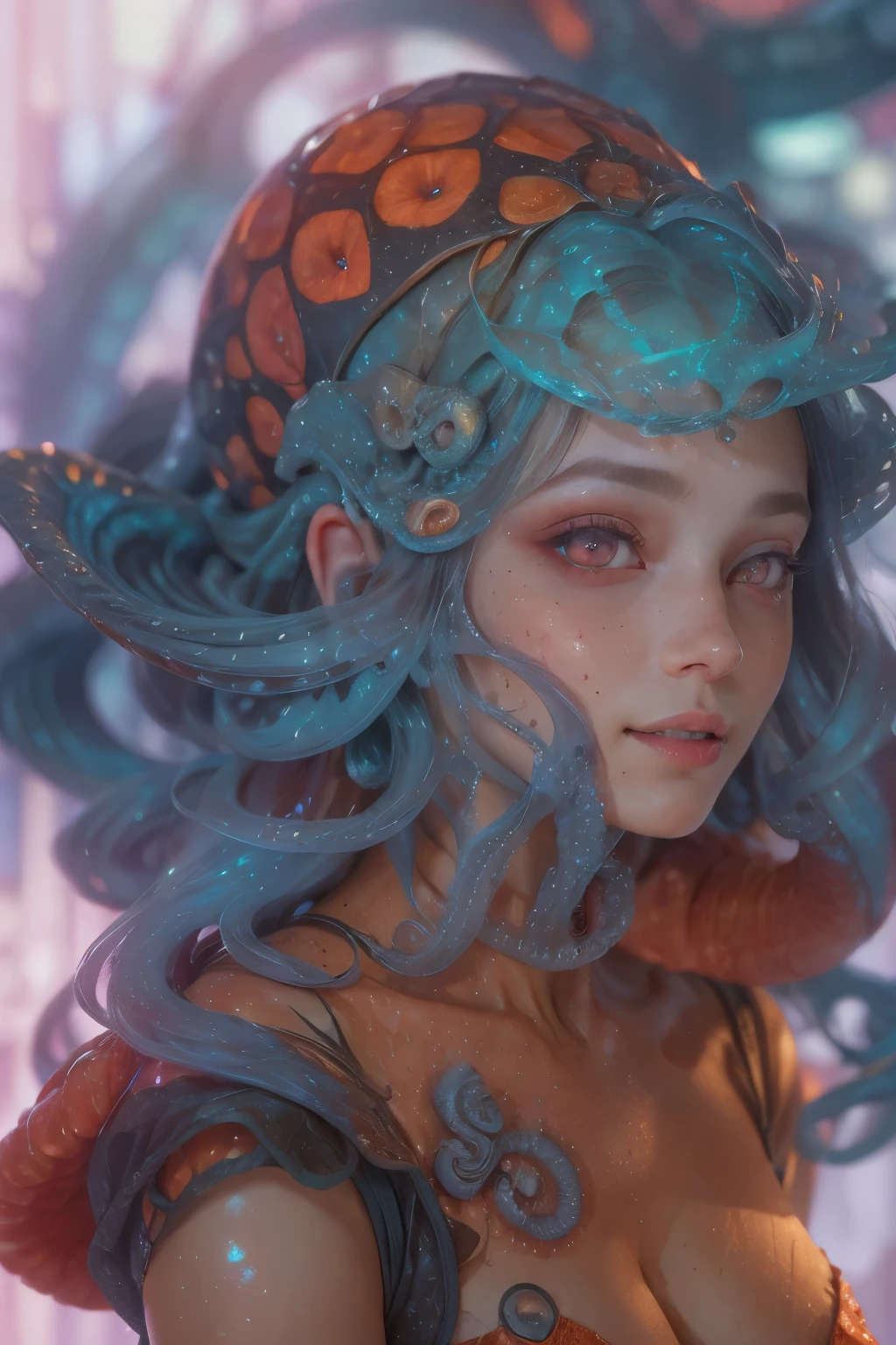 Portrait, (1 beautiful female alien:1.2),  ((There is a female genital-like organ in the middle of the forehead:1.9)), (The most beautiful face in the history of the universe:1.2), (Scarlet eyes that shine mysteriously:1.6), (Translucent skin:1.8), an evil gaze that seduces, (red eyes:1.5), (large mouth:1.1), sharp teeth like a shark, Full body like, (bio luminescent:1.2), (Smile wickedly:1.3),  (sexypose:1.5), alien, No humans, cells are fused, (Lots of translucent tentacles:1.1) (Translucent skin:1.3), extraterrestrial, cell, bio image, Best Quality, 8K,4K_quality, High Definition, Dramatic Lighting, masutepiece:1.5,cinematic quality, detail up, (Intricate details:1.2), High resolution, High Definition, drawing faithfully, (Thick eyebrows:1.2), Beautiful eyes with fine symmetry, (Ultra detailed eyes:1.2),(Highly detailed face and eyes:1.2), (High-resolution red-eye:1.4), Intimate face, (Super detailed skin quality feeling:1.4), Perfect ???????,  (Beautiful toned body:1.5),  (Moist skin:1.2), No makeup, (dark circles:1.1), long canines, cinematic drawing of characters, ultra high quality model, cinematic quality, detail up, (Intricate details:1.2), High resolution, High Definition, drawing faithfully, Official art, Unity 8K wall  , 8K Portrait, Best Quality, Very High resolution, ultra detailed artistic photography, midnight aura,  unreal enginee 5, Ultra Sharp Focus, art by alberto seveso, ArtGerm, Roisch, intricate artwork, best quality, masutepiece, ultra High resolution, (photos realistic:1.4), Ultra-realistic realism, dream-like,  nautilus, Creation of fantasy, Snail, Dream Snail,  (biopunk nautilus:1.3), Thrilling color schemes， Ultra-realistic realism， seductively smiling, Blue tentacles, Creatures that mimic humans