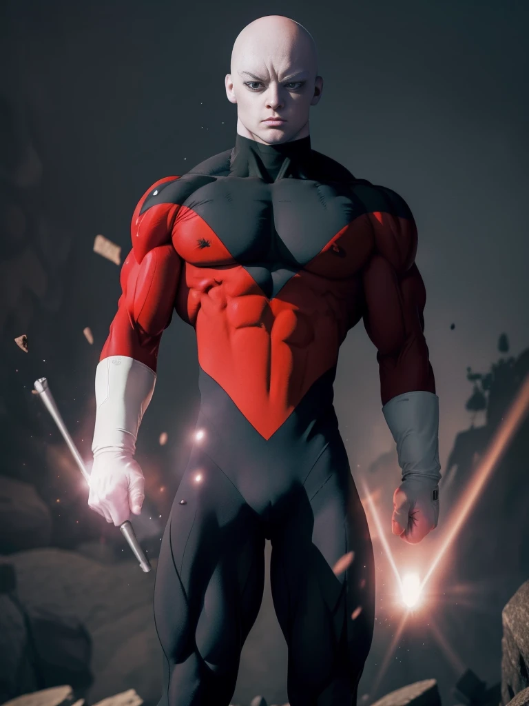 ((masterpiece, best quality)),(complex lighting),solo,1boy, jiren,white gloves,black eyes,bodysuit,muscular,bald light particles,