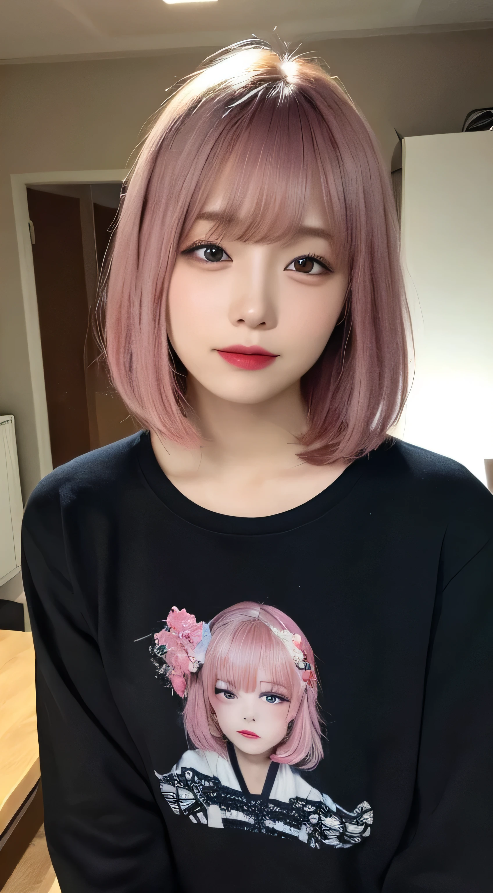 masutepiece, Best Quality, Illustration, Ultra-detailed, finely detail, hight resolution, 8K,Wallpaper, Perfect dynamic composition, Beautiful detailed eyes, White long sleeve trainer,Short bob hair、Pink hair color,Big Natural Color Lip, Bold sexy poses,Thin laughter、cold stare,Harajuku、20 years girl、Cute、、In a dark room、Eyes closed、Depressed
