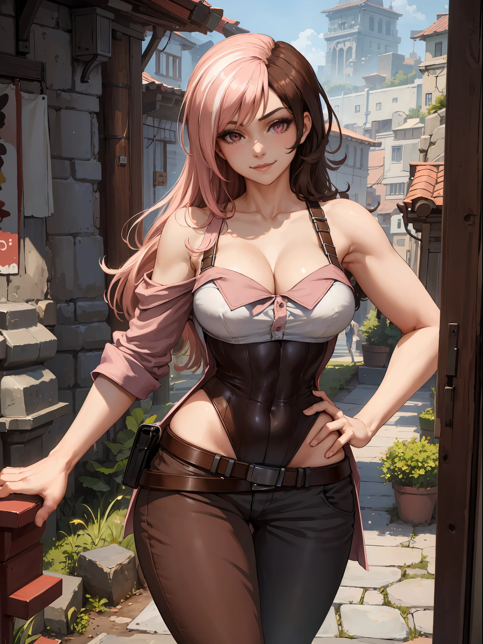 (Masterpiece, Best Quality:1.2), Cowboy shot, 独奏, 1girl, Neapolitan, Smile, closed mouth, looking a viewer, Hand on hip, Heterochromia, Brown eyes, pink eyes, big breastes, leotard, pants, wide thighs, belt, seen from behind, big butt, Leaned