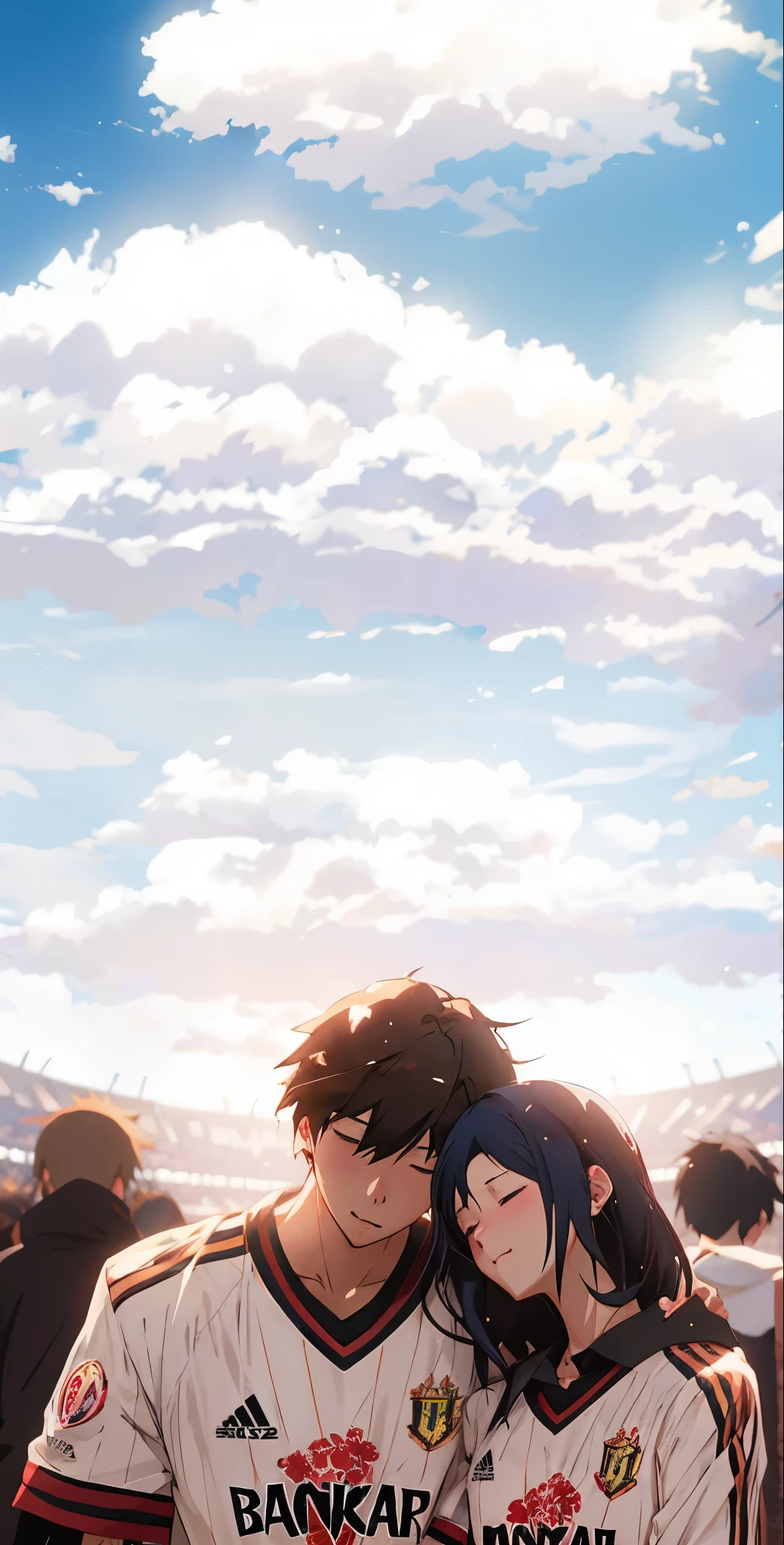 anime couple in soccer uniform hugging each other in a stadium, makoto shinkai!!, guweiz and makoto shinkai, makoto shinkai!, in style of makoto shinkai, makoto shinkai art style, makoto shinkai. —h 2160, style of makoto shinkai, makoto shinkai style