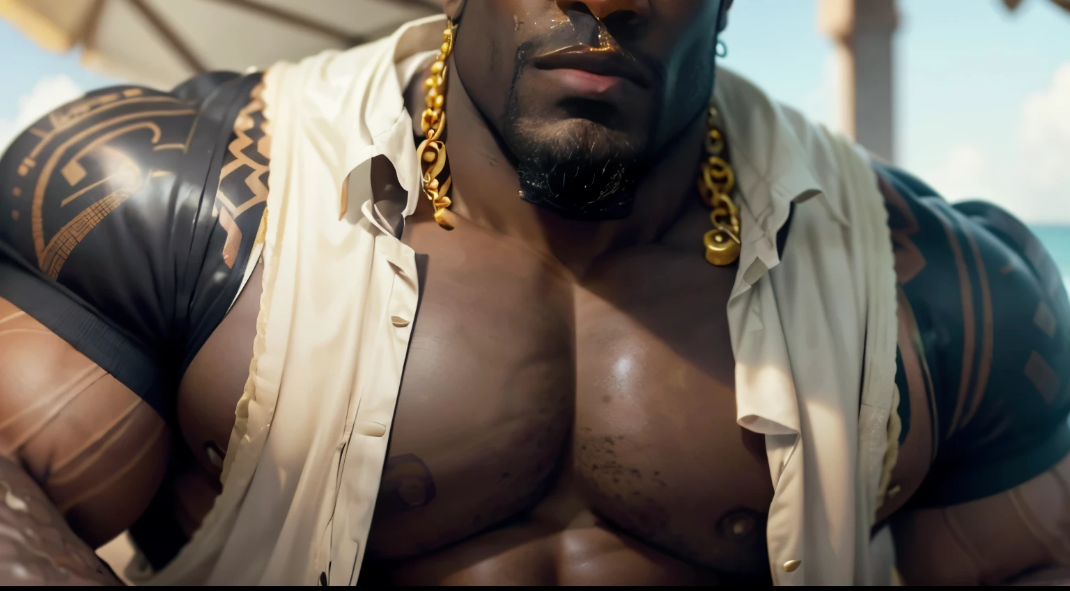 Giant 18 years old black man, absurdly huge bulge, giant growing more and more, giantic, colossal, muscle domination, macrophilia, sexy, briefs, stubble, broad shoulders, thick lips, vascular, ((very dark skin)), (black skin), very sweaty, huge belly, thick thighs, very thick arms, large , smirk, tattoo, thug, gold jewelry, heavy gold chain, romantic, blushing, veiny hands, photorealistic, romantic, dreadlocks, short beard, looking at viewer, from below, steaming body, sweaty body , steam, on all fours on beach, wet