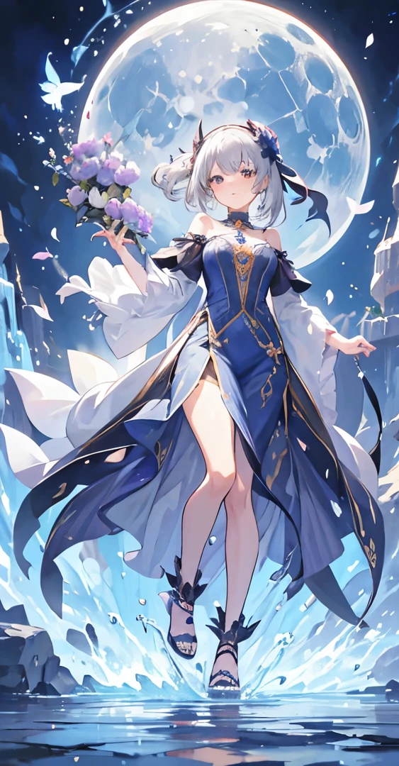 (masutepiece), (Best Quality), Highly detailed, One girl, full body photographed，Perfect face, Beautiful face, extra detailed face，Long gray hair，Mare，butterflys々，flower petals，optic，waterface，a moon，splash water，Fantasia，fanciful，mystical