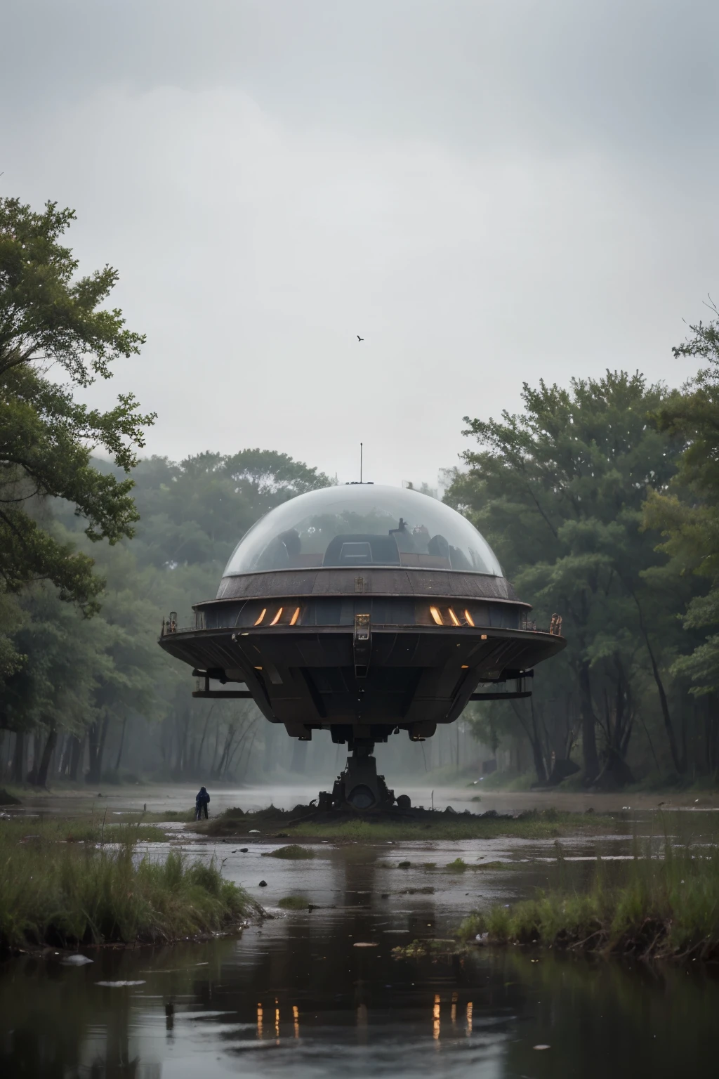 Alien repairing a spaceship in a swampy forest with foggy weather seen from afar (qualidade realista) (super quality and resolution)