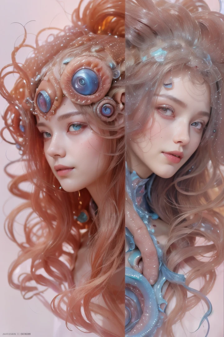 Portrait, (1 beautiful female alien:1.2),  ((There is a female genital-like organ in the middle of the forehead:1.9)), (The most beautiful face in the history of the universe:1.2), (Scarlet eyes that shine mysteriously:1.6), (Translucent skin:1.8), an evil gaze that seduces, (red eyes:1.5), (large mouth:1.1), sharp teeth like a shark, Full body like, (bio luminescent:1.2), (Smile wickedly:1.3),  (sexypose:1.5), alien, No humans, cells are fused, (Lots of translucent tentacles:1.1) (Translucent skin:1.3), extraterrestrial, cell, bio image, Best Quality, 8K,4K_quality, High Definition, Dramatic Lighting, masutepiece:1.5,cinematic quality, detail up, (Intricate details:1.2), High resolution, High Definition, drawing faithfully, (Thick eyebrows:1.2), Beautiful eyes with fine symmetry, (Ultra detailed eyes:1.2),(Highly detailed face and eyes:1.2), (High-resolution red-eye:1.4), Intimate face, (Super detailed skin quality feeling:1.4), Perfect Anatomy,  (Beautiful toned body:1.5),  (Moist skin:1.2), No makeup, (dark circles:1.1), long canines, cinematic drawing of characters, ultra high quality model, cinematic quality, detail up, (Intricate details:1.2), High resolution, High Definition, drawing faithfully, Official art, Unity 8K wall  , 8K Portrait, Best Quality, Very High resolution, ultra detailed artistic photography, midnight aura,  unreal enginee 5, Ultra Sharp Focus, art by alberto seveso, ArtGerm, Roisch, intricate artwork, best quality, masutepiece, ultra High resolution, (photos realistic:1.4), Ultra-realistic realism, dream-like,  nautilus, Creation of fantasy, Snail, Dream Snail,  (biopunk nautilus:1.3), Thrilling color schemes， Ultra-realistic realism， seductively smiling, Blue tentacles, Creatures that mimic humans