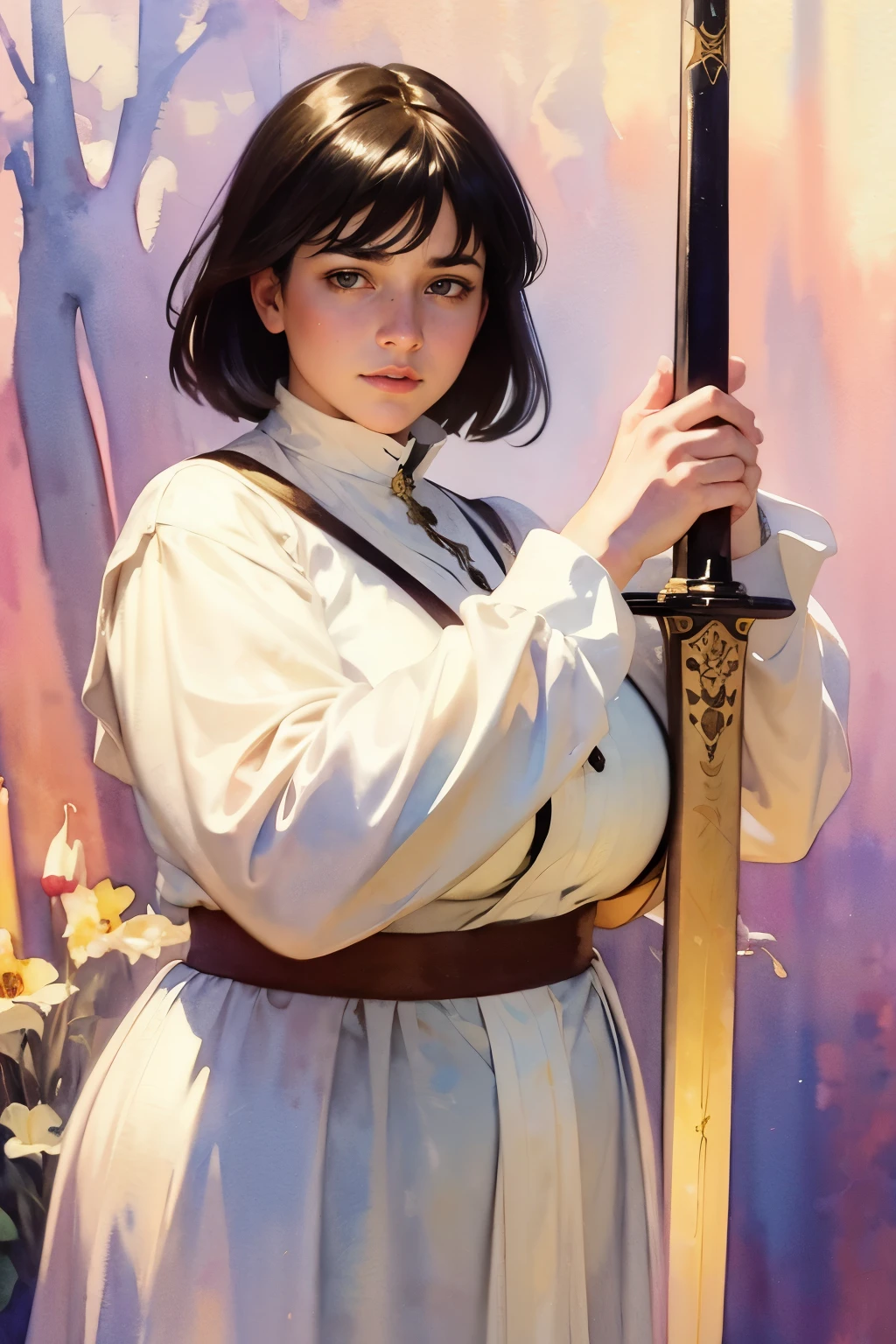 ((watercolor painting by singer sargent)), female mature warrior holding a giant sword , chubby woman,