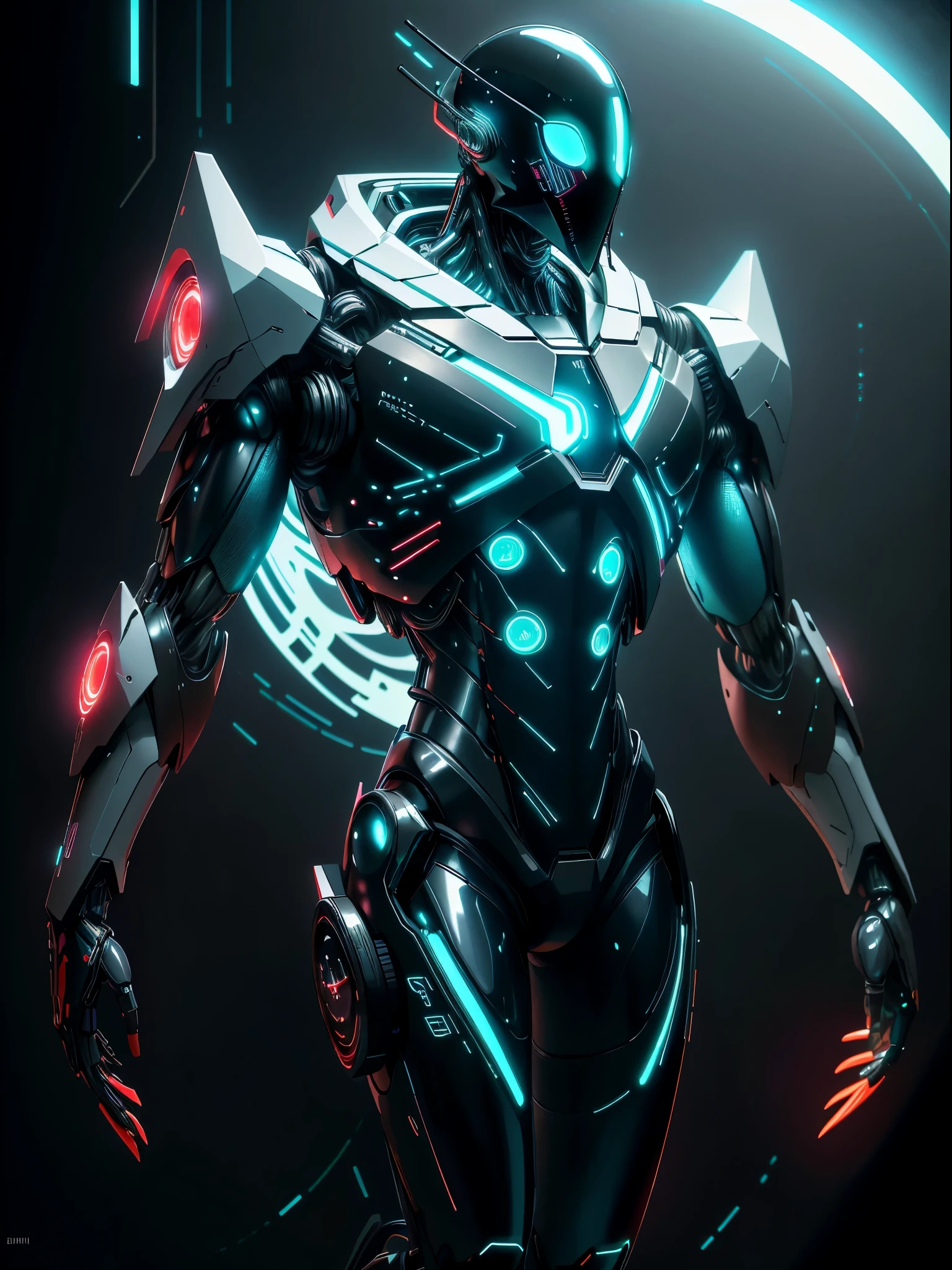 realistic,shiny,reflective,bioluminic, galactic cybernetic mask,mecha,( White Slenderman :1.2)sh4g0d,GlowingRunes_red, slim body, fullbody,cinemnatic, colourful neon lights in the background,back light,high contrast,