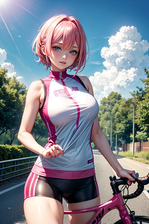 (Best Quality, 4K, 8K, hight resolution, masutepiece:1.2), Pink Hair、short braided hair。her breasts are beautiful and big。Cycling on a bicycle。Clothing is sleeveless and shorts。