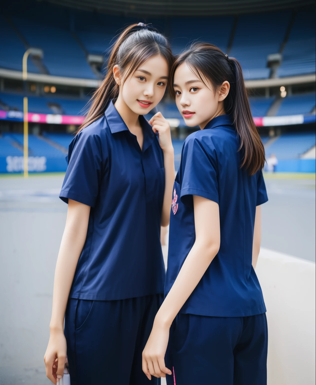(bestquality,10,10,highres,masterpiece:1.2),ultra-detail,(Realistic,ภาพRealistic,photo-realistic:1.37),1 Cute girl in the football field,oily shiny skin,bara,light smile,BDclothelue shirt:1.3)),short sleeves,shirt, trousers.,(navy_long_ติดตามtrousers:1.1), ((Stadium Background:1.3)),dynamic angle,excited,face focus,Dynamic Poses,from behide,Ass Focus,masterpiece, bestquality, ultra realistic, hyper-detail, 8k resolution, RAW photo, crisp focus, ((Navy blue shirt:1.1)), short sleeves, เส้นทางlong, Complete bodyแบบ, 2 mature women, 18yo, cinematic light,trousersวอร์มสีน้ําเงิน,Gymware,Correct anatomy,Complete body, Correct body, sharp face, Correct bodyทางกายวิภาค, full entire body, Realistic gestures, long-haired, Realistic poses,Wear long shorts..............................,ช่วงขาlong,Shapely,Sculpting Girl, Slender Figure, mannequin mannequins, Shapely, Beautiful body,trousersวอร์มสีน้ําเงิน, Two girls kissing