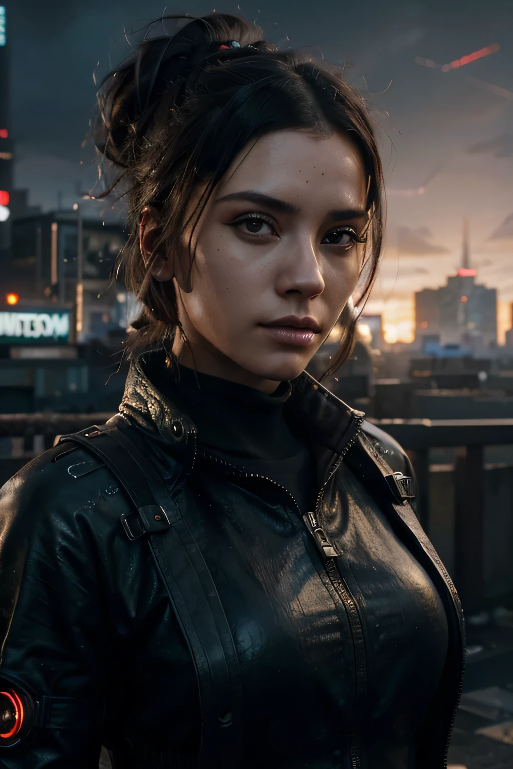 molly millions, closeup portrait of a young beautiful cyberpunk woman, mirror brown eye implants, black hair in a rough bun, sunset, neuromancer, street samurai, cyberpunk city background, megacity, gorgeous view, depth, painted by seb mckinnon, high detail, digital art, painted by greg rutkowski, trending on artstation