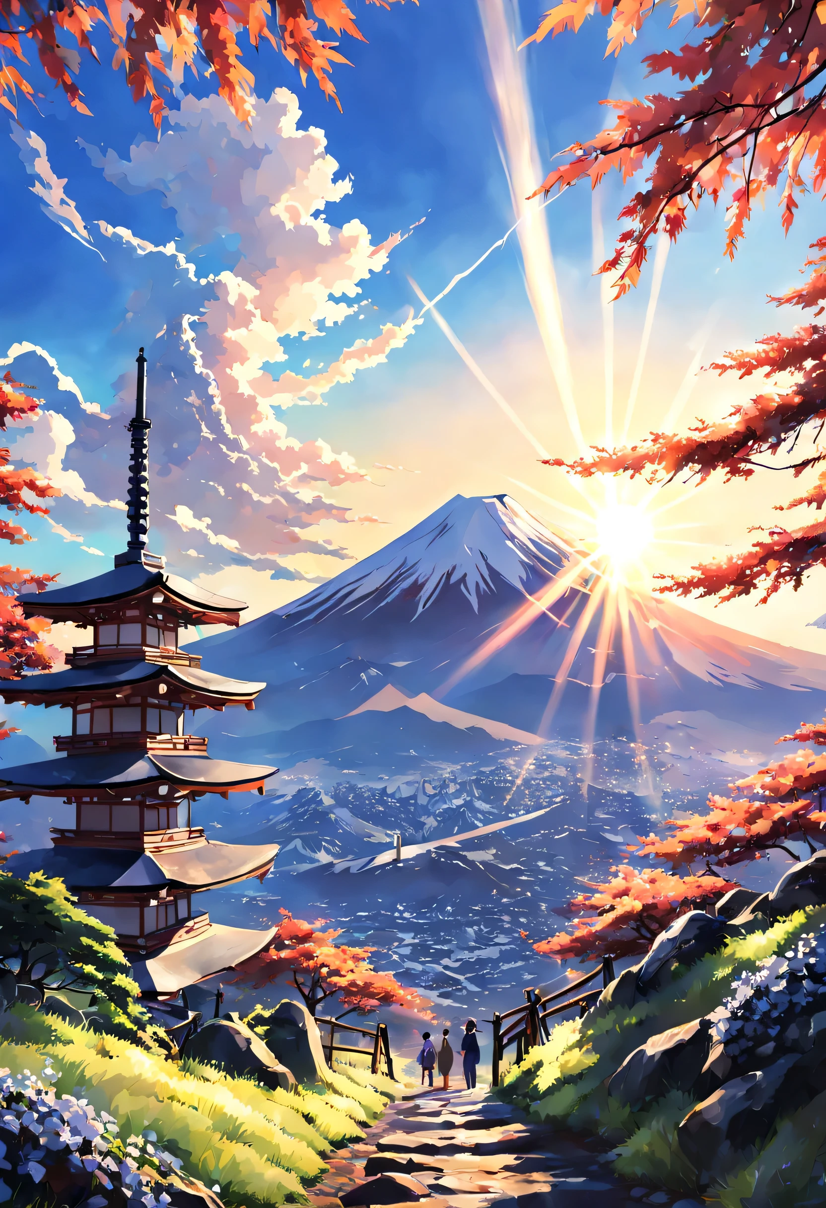 Anime, Mt fuji, Sunlight, (best composition), (masutepiece), (Best Quality), (ultra high detail)