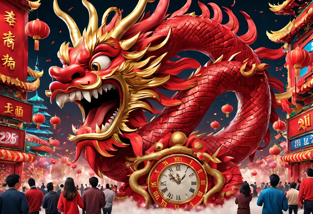 2024 new year poster design，Passionate red as the main color，with dynamism，Located in the center of the poster，Giant smiling Chinese dragon and rabbit electronic LCD screen countdown clock design，People look at the clock and shout 3,2,1，，There are various carnival elements scattered around，(air zone、fire works, ETC) ，At the bottom of the poster，(a happy new year），（2024 Gold Award），