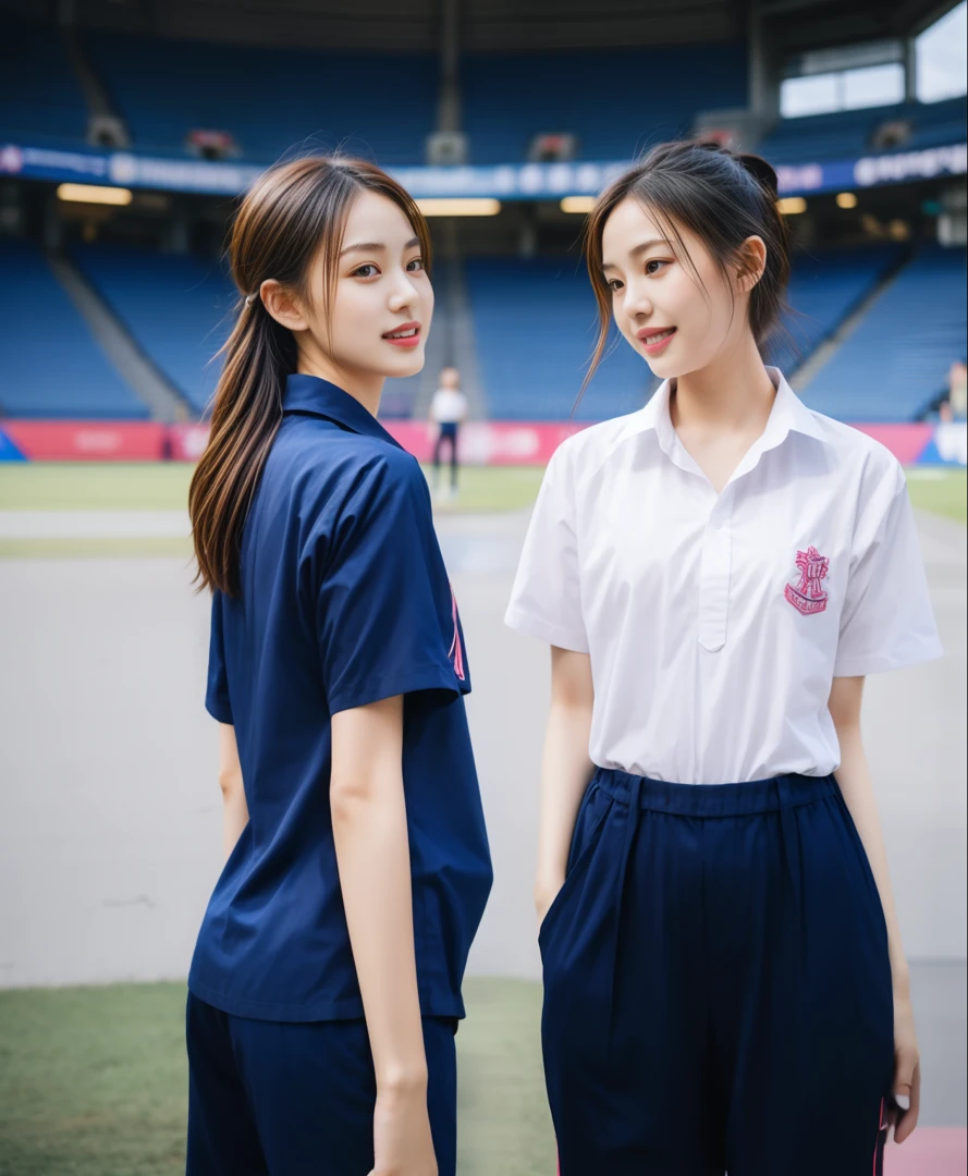 (bestquality,10,10,highres,masterpiece:1.2),ultra-detail,(Realistic,ภาพRealistic,photo-realistic:1.37),1 Cute girl in the football field,oily shiny skin,bara,light smile,BDclothelue shirt:1.3)),short sleeves,shirt, trousers.,(navy_long_ติดตามtrousers:1.1), ((Stadium Background:1.3)),dynamic angle,excited,face focus,Dynamic Poses,from behide,Ass Focus,masterpiece, bestquality, ultra realistic, hyper-detail, 8k resolution, RAW photo, crisp focus, ((Navy blue shirt:1.1)), short sleeves, เส้นทางlong, Complete bodyแบบ, 2 mature women, 18yo, cinematic light,trousersวอร์มสีน้ําเงิน,Gymware,Correct anatomy,Complete body, Correct body, sharp face, Correct bodyทางกายวิภาค, full entire body, Realistic gestures, long-haired, Realistic poses,Wear long shorts..............................,ช่วงขาlong,Shapely,Sculpting Girl, Slender Figure, mannequin mannequins, Shapely, Beautiful body,trousersวอร์มสีน้ําเงิน, Two girls kissing