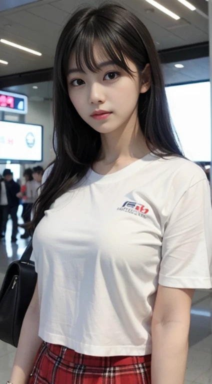 Realistic Pictures of Korean Women, crossed bangs, slightly smile, tee shirt, At the airport, POV, Eye-Level Shot, hazy, UHD, Masterpiece, high resolucion, 16 k