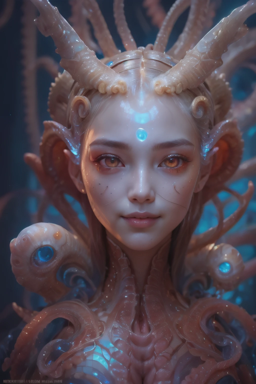 Portrait, (1 beautiful female alien:1.2),  ((There is a female genital-like organ in the middle of the forehead.:1.9)), (The most beautiful face in the history of the universe:1.2), (Scarlet eyes that shine mysteriously:1.6), (Translucent skin:1.8), an evil gaze that seduces, (red eyes:1.5), (large mouth:1.1), sharp teeth like a shark, Full body like, (bio luminescent:1.2), (Smile wickedly:1.3),  (sexypose:1.5), alien, No humans, cells are fused, (Lots of translucent tentacles:1.1) (Translucent skin:1.3), extraterrestrial, cell, bio image, Best Quality, 8K,4K_quality, High Definition, Dramatic Lighting, masutepiece:1.5,cinematic quality, detail up, (Intricate details:1.2), High resolution, High Definition, drawing faithfully, (Thick eyebrows:1.2), Beautiful eyes with fine symmetry, (Ultra detailed eyes:1.2),(Highly detailed face and eyes:1.2), (High-resolution red-eye:1.4), Intimate face, (Super detailed skin quality feeling:1.4), Perfect Anatomy,  (Beautiful toned body:1.5),  (Moist skin:1.2), No makeup, (dark circles:1.1), long canines, cinematic drawing of characters, ultra high quality model, cinematic quality, detail up, (Intricate details:1.2), High resolution, High Definition, drawing faithfully, Official art, Unity 8K wall  , 8K Portrait, Best Quality, Very High resolution, ultra detailed artistic photography, midnight aura,  unreal enginee 5, Ultra Sharp Focus, art by alberto seveso, ArtGerm, Roisch, intricate artwork, best quality, masutepiece, ultra High resolution, (photos realistic:1.4), Ultra-realistic realism, dream-like,  nautilus, Creation of fantasy, Snail, Dream Snail,  (biopunk nautilus:1.3), Thrilling color schemes， Ultra-realistic realism， seductively smiling, Blue tentacles, Creatures that mimic humans