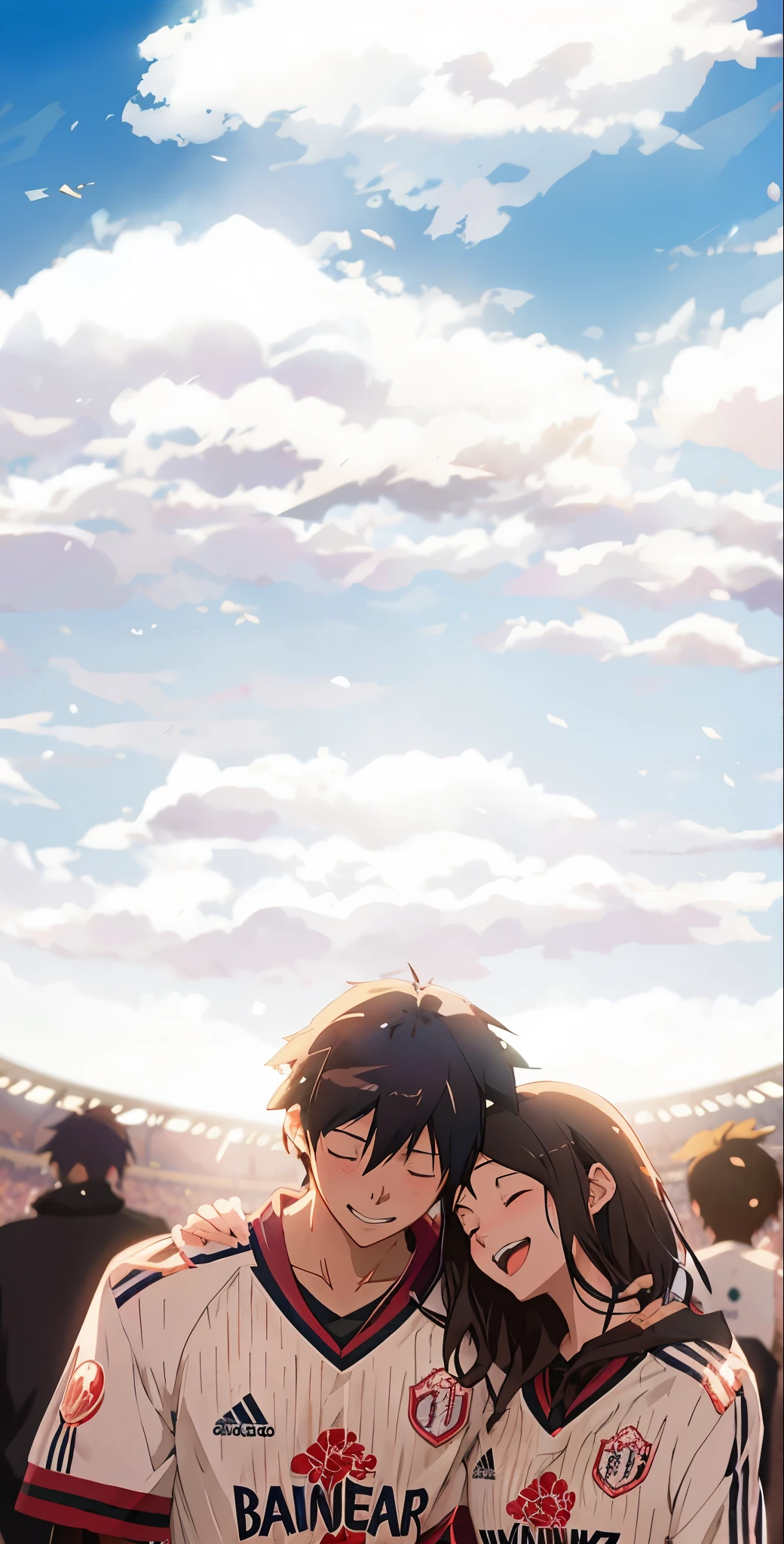 anime couple in soccer uniform hugging each other in a stadium and laughing, makoto shinkai!!, guweiz and makoto shinkai, makoto shinkai!, in style of makoto shinkai, makoto shinkai art style, makoto shinkai. —h 2160, style of makoto shinkai, makoto shinkai style