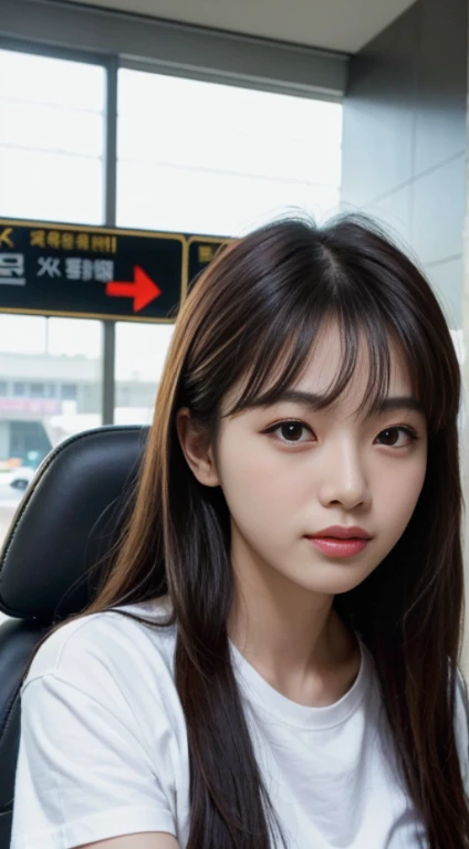 Realistic photos of Korean women, crossed bangs, slightly smile, tee shirt, At the airport, POV, Eye-Level Shot, hazy, UHD, Masterpiece, high resolucion, 16 k