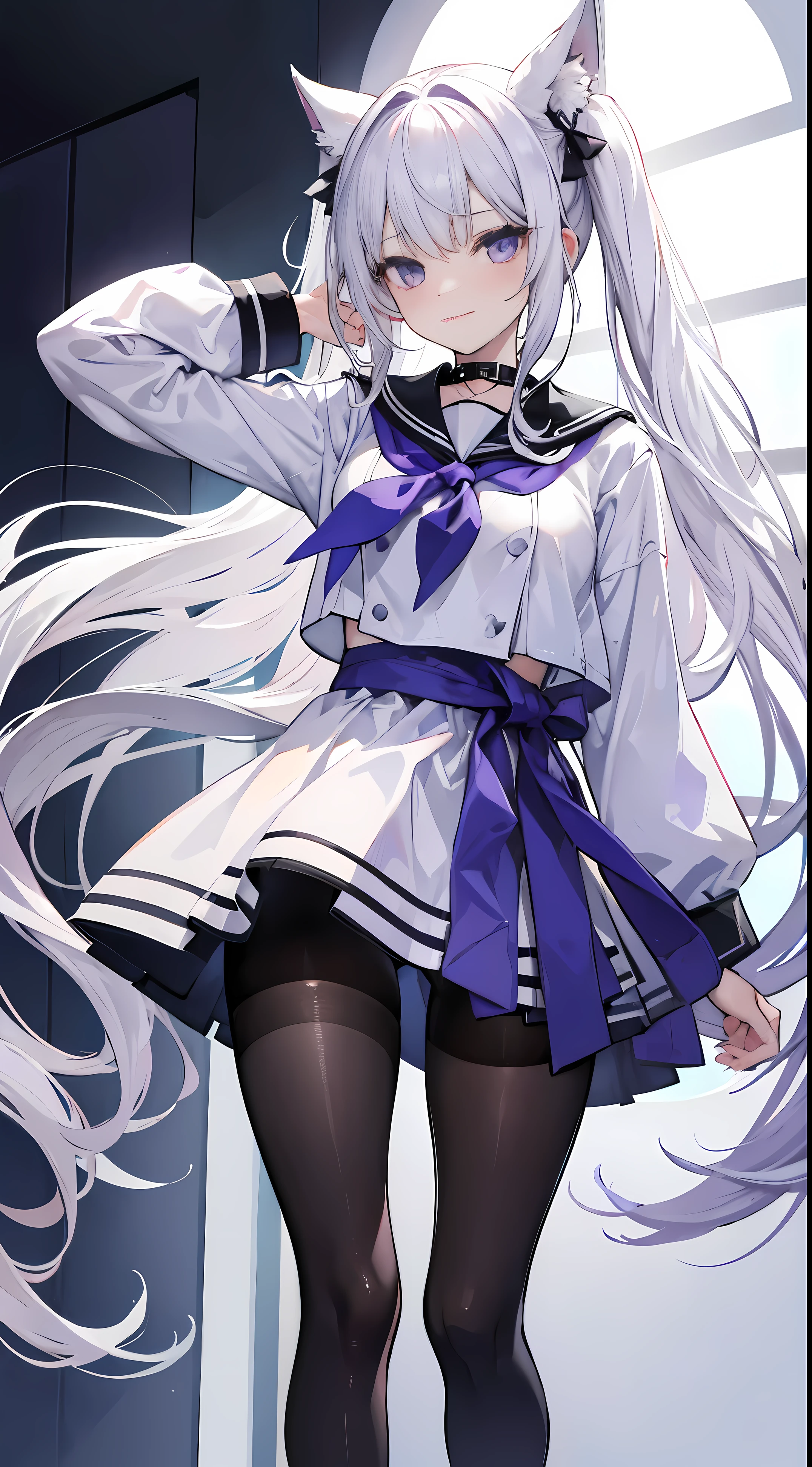 Lover - long white hair，Double ponytail to waist， broken hair curtain，，Crystal purple eyes，sailor uniform school uniform，Lift up the skirt with both hands，Show off with a smile，White has a heart shape，Thigh and calf details，legs long，close-up on legs，Standing on the roof of the school，A hand ruffled his hair，Black silk pantyhose，Different actions