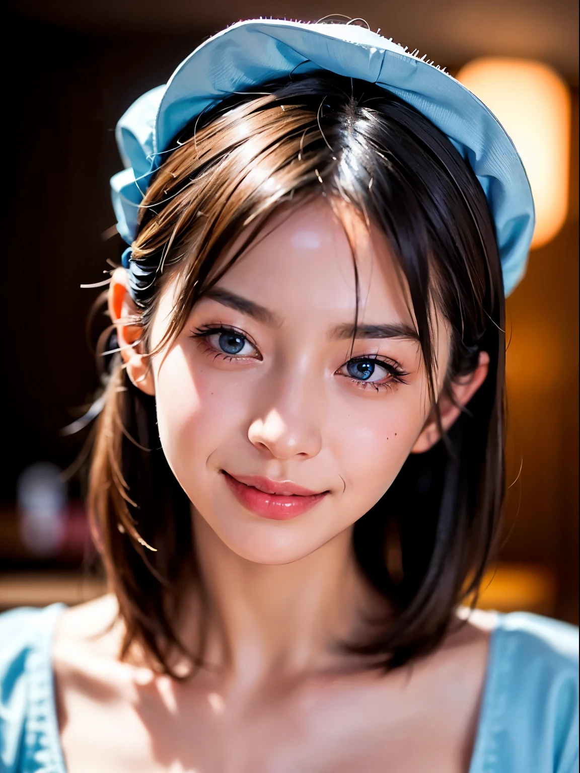 (Colossal tits:1.5)(Raw photography:1.2)、top-quality、(Hotel)on the bed, a beautiful detailed girl( Light blue maid costume:1.3)A smile、extremely detailed eye and face、beatiful detailed eyes、huge filesize、hight resolution、hight resolution、8k wallpaper、finely detail、Highly detailed ticker uniform 8K wallpaper、Light on the Face、电影灯光、30 year old woman(photorealisim:1.4)illustratio、surrealism、 super detailing、​masterpiece