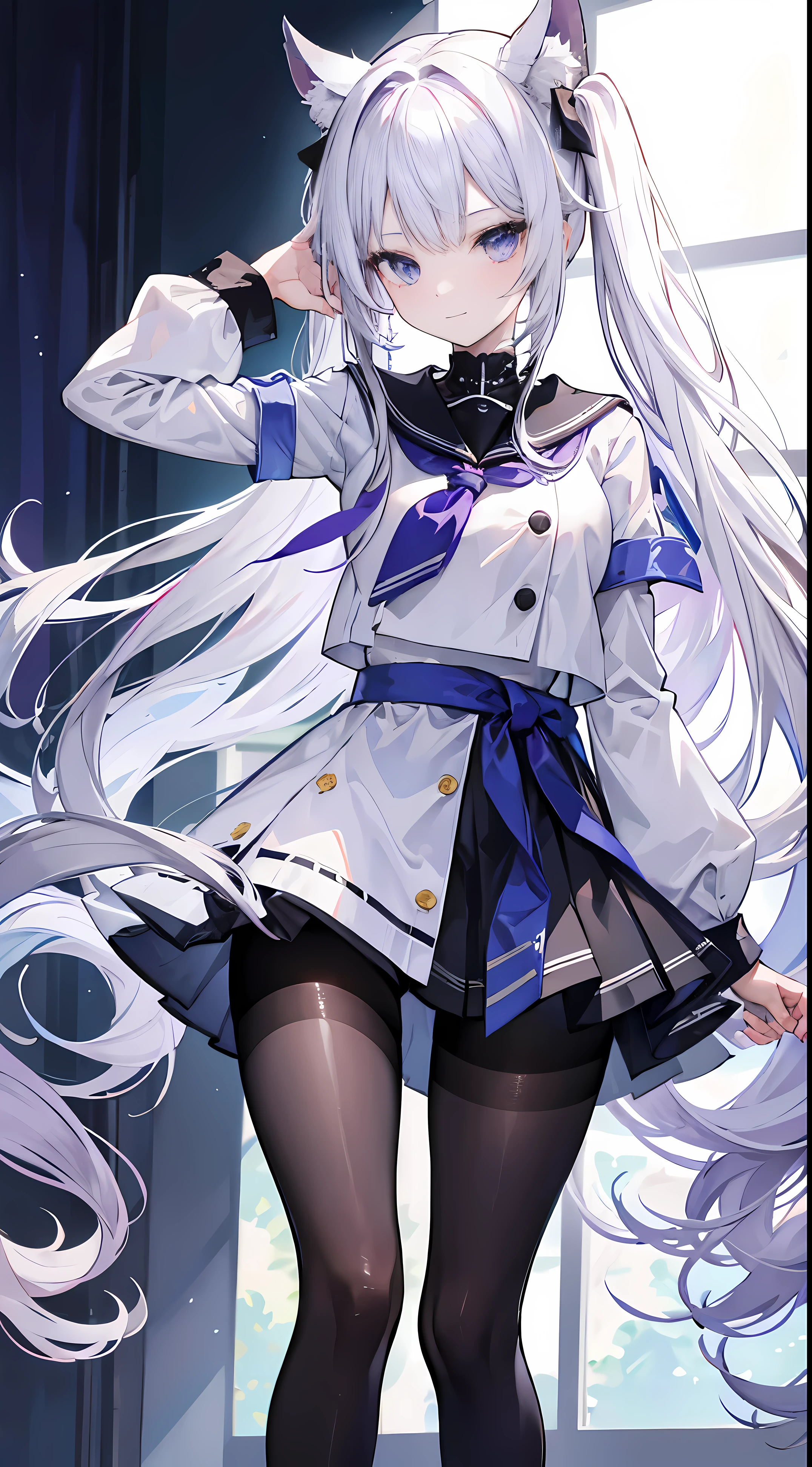 Lover - long white hair,Double ponytail to waist, broken hair curtain,,Crystal purple eyes,sailor uniform school uniform,Lift up the skirt with both hands,Show off with a smile,White has a heart shape,Thigh and calf details,legs long,close-up on legs,Standing on the roof of the school,A hand ruffled his hair,Black silk pantyhose,Different actions