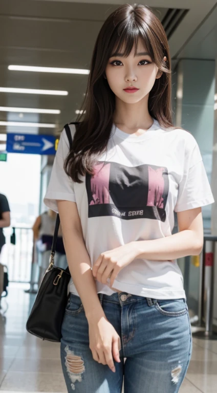 Realistic Pictures of Korean Women, crossed bangs, slightly smile, tee shirt, At the airport, POV, Eye-Level Shot, hazy, UHD, Masterpiece, high resolucion, 16 k