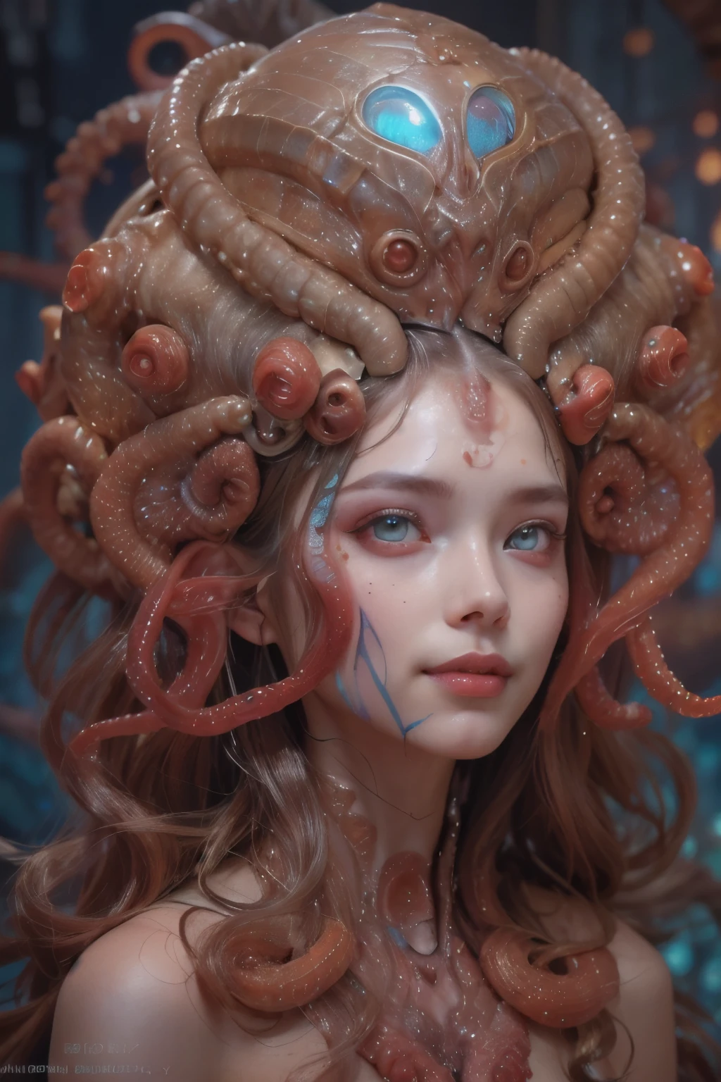 Portrait, (1 beautiful female alien:1.2), ((There is a female genital-like organ in the middle of the forehead.:1.9)), (The most beautiful face in the history of the universe:1.2), (Scarlet eyes that shine mysteriously:1.6), (Translucent skin:1.8), an evil gaze that seduces, (red eyes:1.5), (large mouth:1.1), sharp teeth like a shark, Full body like, (bio luminescent:1.2), (Smile wickedly:1.3), (sexypose:1.5), alien, No humans, cells are fused, (Lots of translucent tentacles:1.1) (Translucent skin:1.3), extraterrestrial, cell, bio image, Best Quality, 8K,4K_quality, High Definition, Dramatic Lighting, masutepiece:1.5,cinematic quality, detail up, (Intricate details:1.2), High resolution, High Definition, drawing faithfully, (Thick eyebrows:1.2), Beautiful eyes with fine symmetry, (Ultra detailed eyes:1.2),(Highly detailed face and eyes:1.2), (High-resolution red-eye:1.4), Intimate face, (Super detailed skin quality feeling:1.4), Perfect Anatomy, (Beautiful toned body:1.5), (Moist skin:1.2), No makeup, (dark circles:1.1), long canines, cinematic drawing of characters, ultra high quality model, cinematic quality, detail up, (Intricate details:1.2), High resolution, High Definition, drawing faithfully, Official art, Unity 8K wall , 8K Portrait, Best Quality, Very High resolution, ultra detailed artistic photography, midnight aura, unreal enginee 5, Ultra Sharp Focus, art by alberto seveso, ArtGerm, Roisch, intricate artwork, best quality, masutepiece, ultra High resolution, (photos realistic:1.4), Ultra-realistic realism, dream-like, nautilus, Creation of fantasy, Snail, Dream Snail, (biopunk nautilus:1.3), Thrilling color schemes, Ultra-realistic realism, seductively smiling, Blue tentacles, Creatures that mimic humans