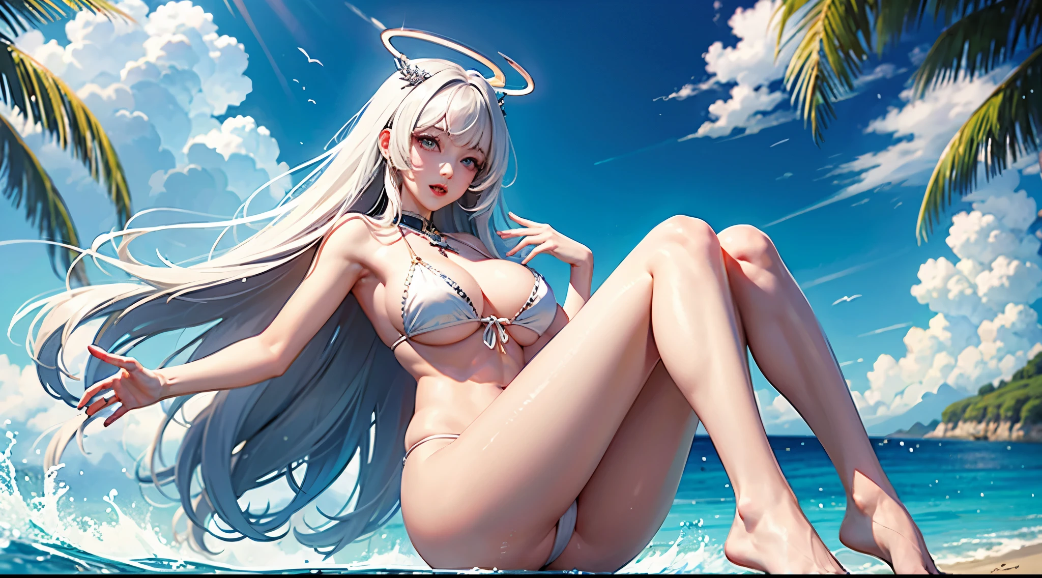 Best quality at best,nabel,比基尼,hand on her own chest,The halo,full bodyesbian,Big white eyes,Raised sexy,8K,,Beth,By the beach,with her mouth open,Open your legs,cute big breasts鼻子,cute big breasts,The mouth is relatively large,The legs are relatively long,Big chest,The eyes are relatively large,long whitr hair,The eyeballs are relatively large,Eyes sparkle,Naked foot,The nose is relatively large,white color hair,No shoes,prette,bikini,at a forest,Long legs,cute big breasts脸,vagina,A high resolution,