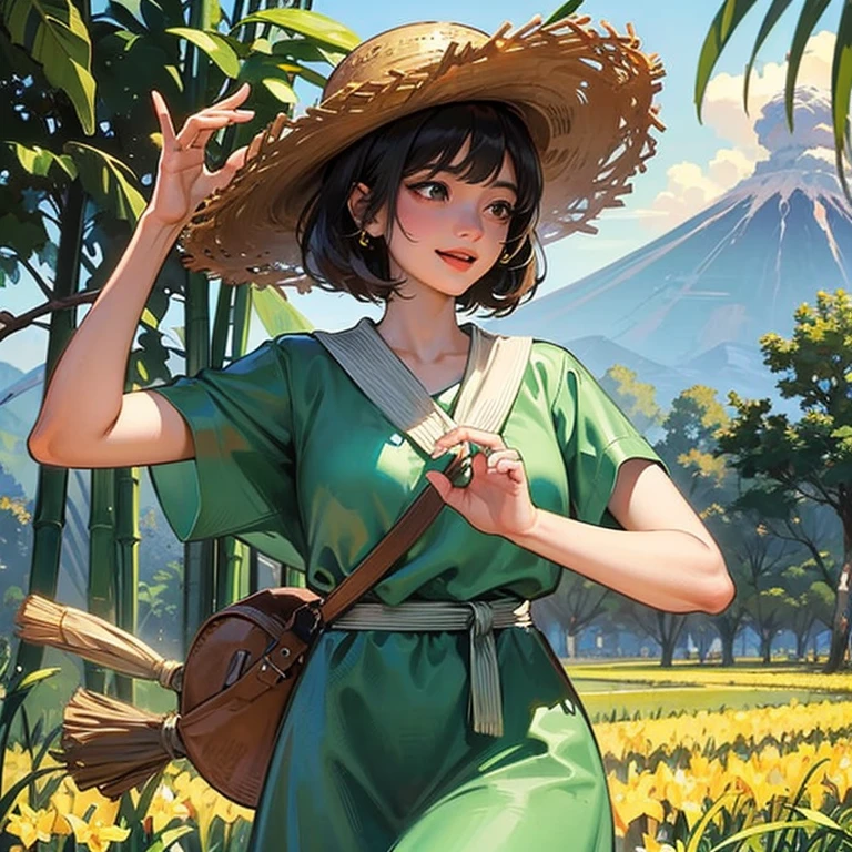 A Gorgeous black haired female Indonesian West Javanese Rice Farmer wears light green kebaya dress with a happy face and light laugh, nurturing her just about to crop rice at her vast rice field with beautiful volcano in background, bamboo hut and bamboo woods, an epic masterpiece hyper realistic digital art of Frank Bellamy, professional color grading by Kenneth Hines Jr. , 80's European Color Comic Style real face