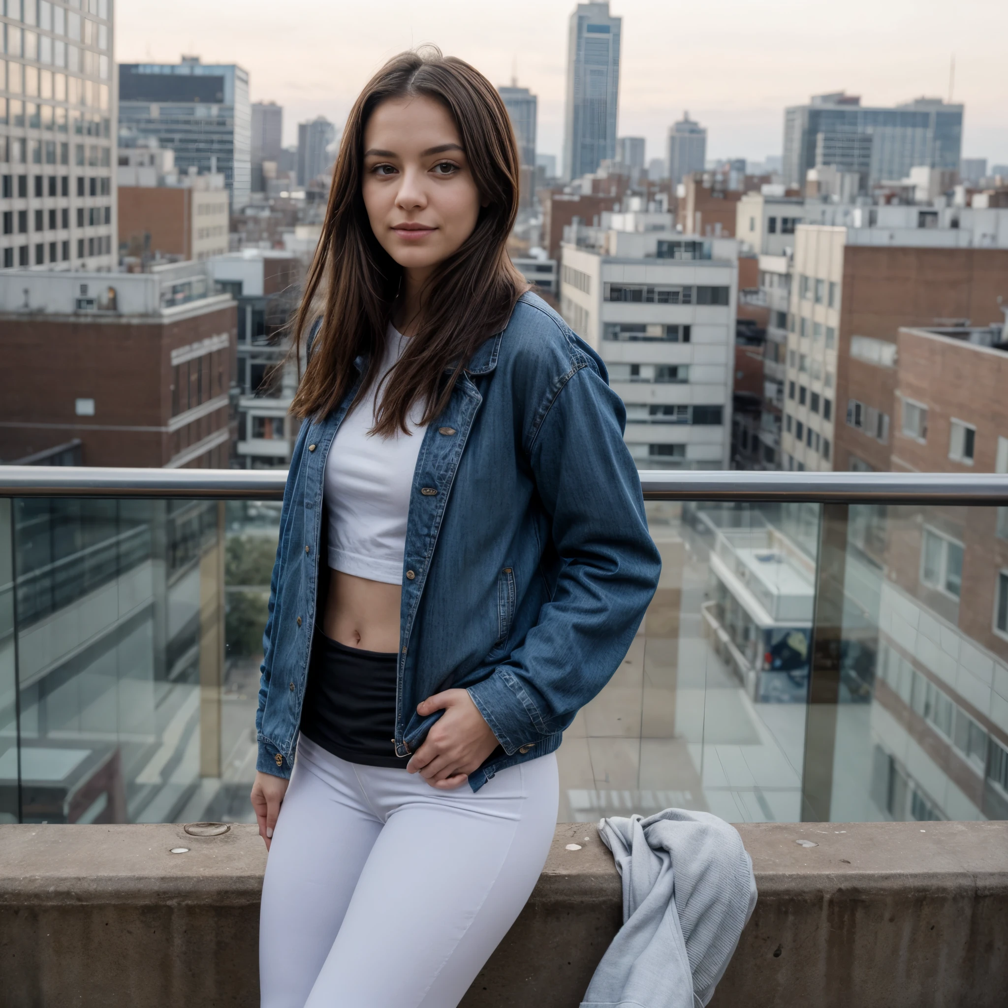 beautiful woman, perfect face, masterpiece, best quality, detailed, casual clothes, jeans jacket, black thirt, leggins, 3/4 body, hands are hidden, no visible hands, hands in pockets, relaxed atmospere, stays on a view platform faced to the camera, behind her is a panoramic view of a big city with loights, it is evening, the lights are light