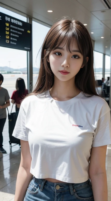 Realistic photos of Korean women, crossed bangs, slightly smile, tee shirt, At the airport, POV, Eye-Level Shot, hazy, UHD, Masterpiece, high resolucion, 16 k