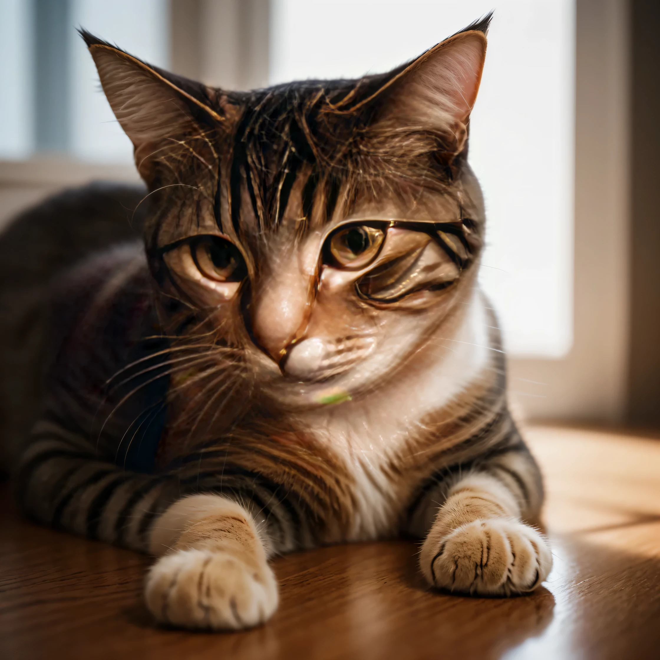 "Photorealistic Images: {A playful tabby cat}, Photograph, Realistic, Soft lighting, Medium shot, 35mm lens, Ambient light. {Art Station, Behance} (high resolution:1.2), (soft light:1.1)"