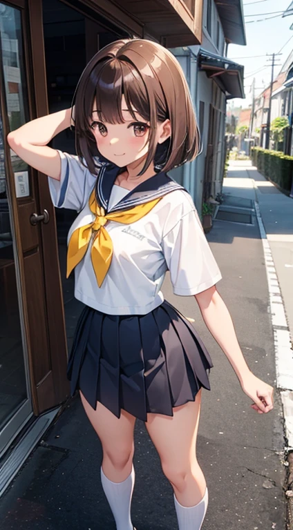 Beautiful illustration、top-quality、8k、ultra-detailliert、1 rapariga、sailor suit、Standing Pose、Raking up your hair with your right hand、gravure model、Brown hair、short semi-long bob、brown with shining eyes、voluptuous breasts、middle butt、being thin、Black miniskirt、black long socks、lowfers、Smile with closed mouth、narrow her eyes、At the front、all body、Anime style、Looking at the camera、daytime、