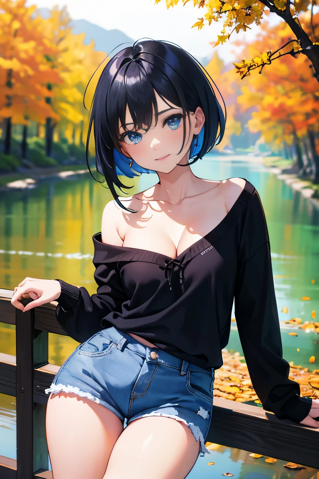 (Masterpiece:1.2, high quality), (absurdres:1.2), (pixiv:1.4), (1girl:1.2), (solo:1.2), (smile:0.8), blush, beautiful caucasian woman, (mature), symmetric face, bob cut with side fringes, bangs, black hair, crystal blue eyes, double eyelids, dark eyeshadow, pale pink lips, smile, collarbone, off-shoulder hoodie, cleavage, denim shorts, thighs, slim waist, body curves, dynamic pose, beautiful scenery, wooden river bridge, leaning on railing, dawn, aesthetic outdoors, dawn sky, autumn, autumn tree leaves, ultra detailed, extra details, (highres:1.2), HD, 8k, 1080, vivid colors, dim lighting, intrinsic details, (blurry_background:1.2), highly focused face, (detailed face)