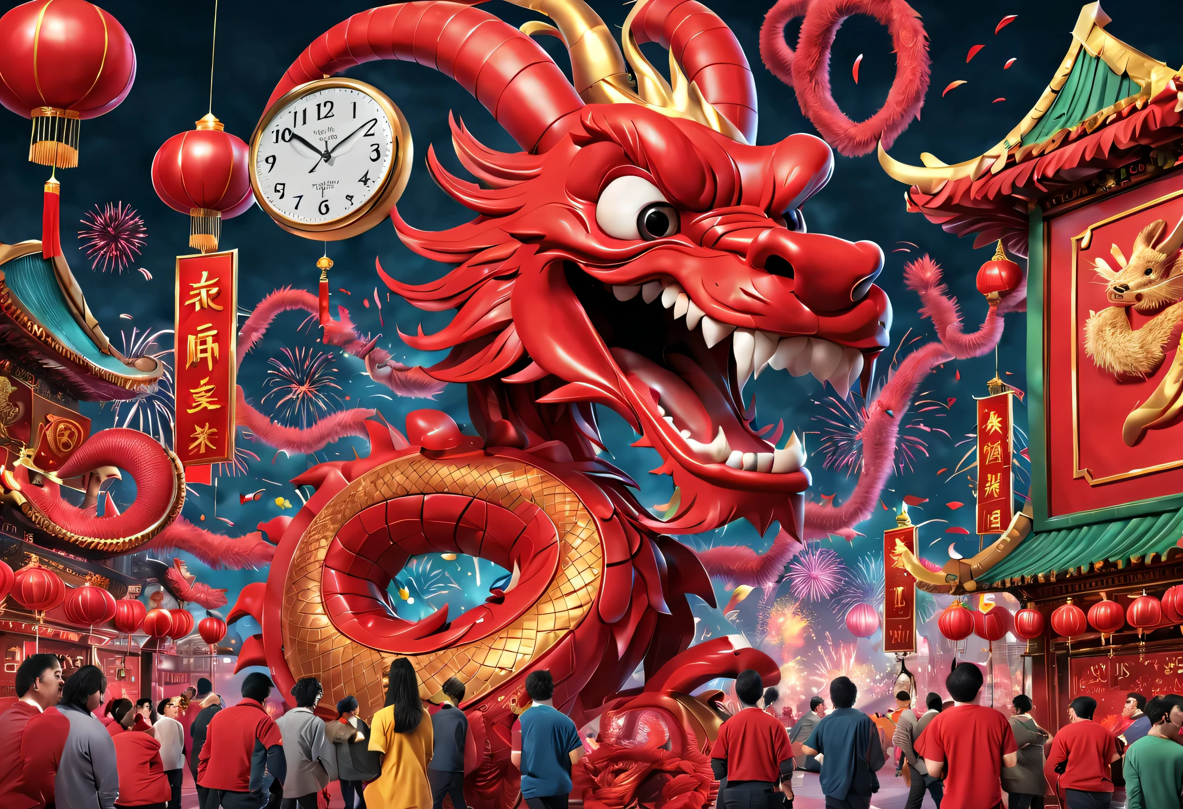 2024 new year poster design，Passionate red as the main color，with dynamism，Located in the center of the poster，Smiling giant Chinese dragon and cute rabbit electronic lcd screen countdown clock design，People look at the clock and shout 3,2,1，There are various carnival elements scattered around，(air zone、fire works, ETC) ，At the bottom of the poster，(a happy new year），（2024 Gold Award），，Made by Pixar，3D，Steam cyberpunk，