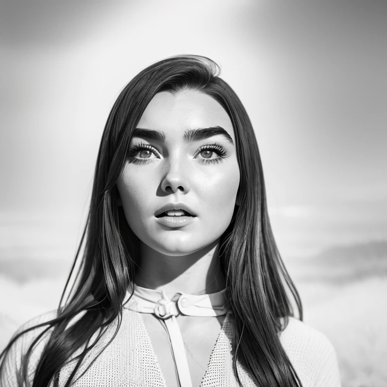 master part, arte de linha de uma personagem feminina, Florence Pugh shocked expression, fundo detalhado do jardim do campo, Desenhos Art Deco,, Double exposure style, sem sombreamento, para desenhos para colorir, white space, sem sombreamento,