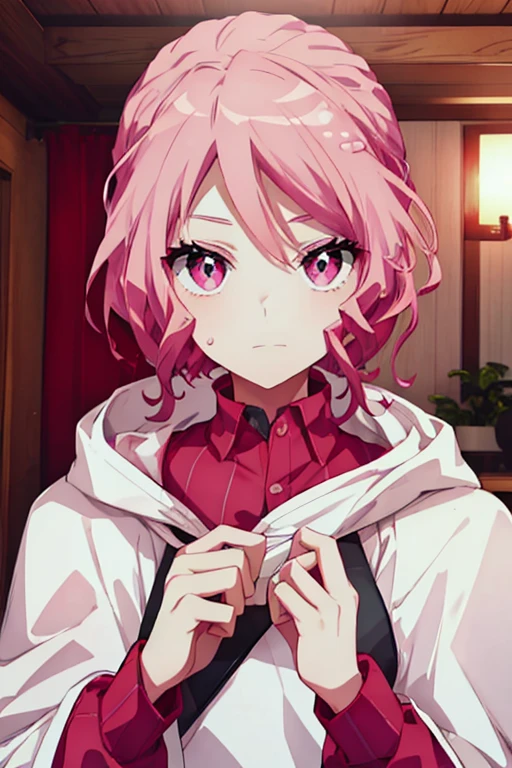 A white haired man with ruby eyes is holding the chin of a pink haired woman with violet eyes with short hair in a white cloak in a cozy cabin.
