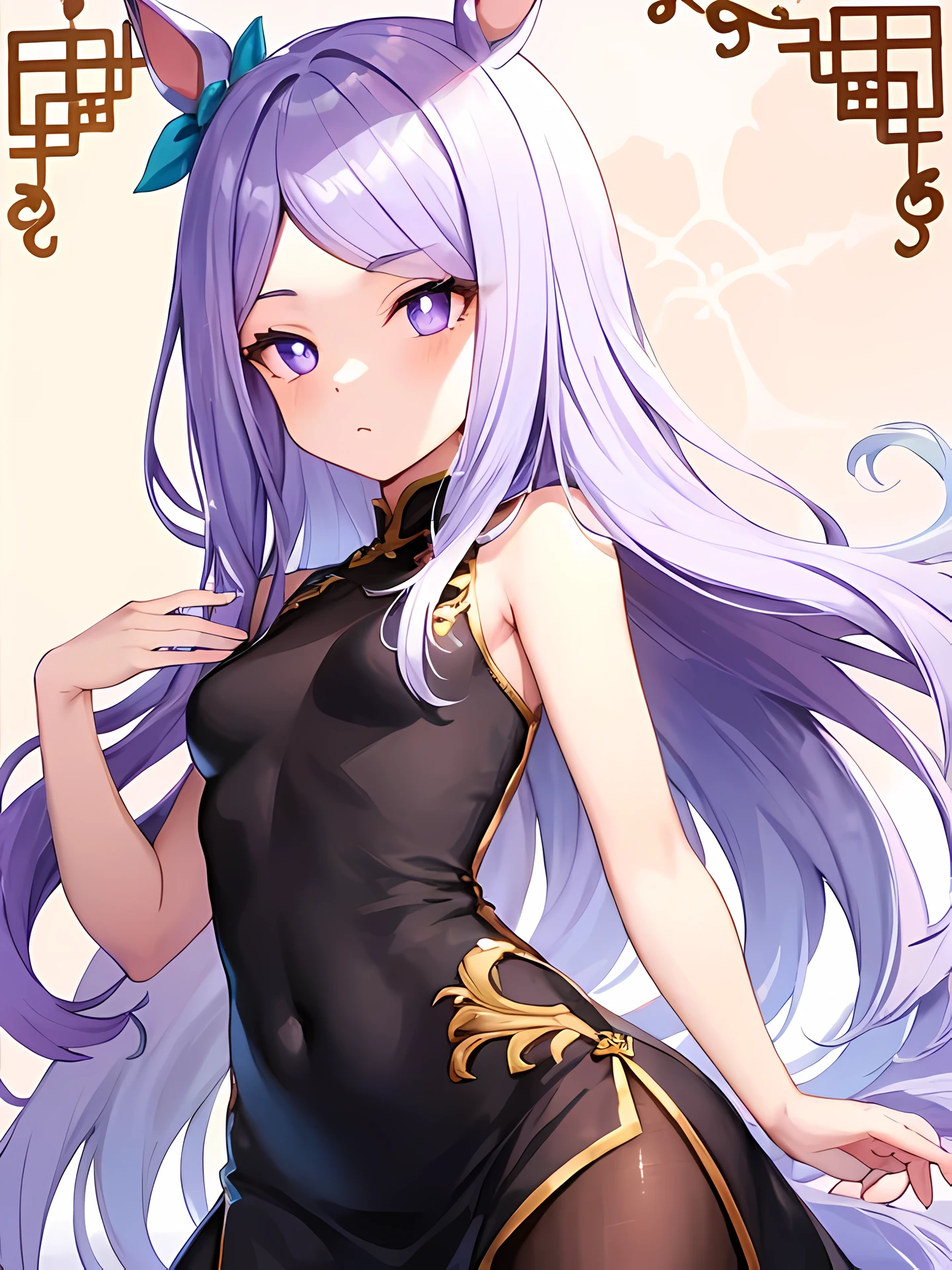 (Mejiro McQueen\(Umamusume\)), qipao dress, Black Dress, flat chest, tiny chest, Brown pantyhose, Black pantyhose, See-through pantyhose, Slender girl, white pupil, Bright pupils