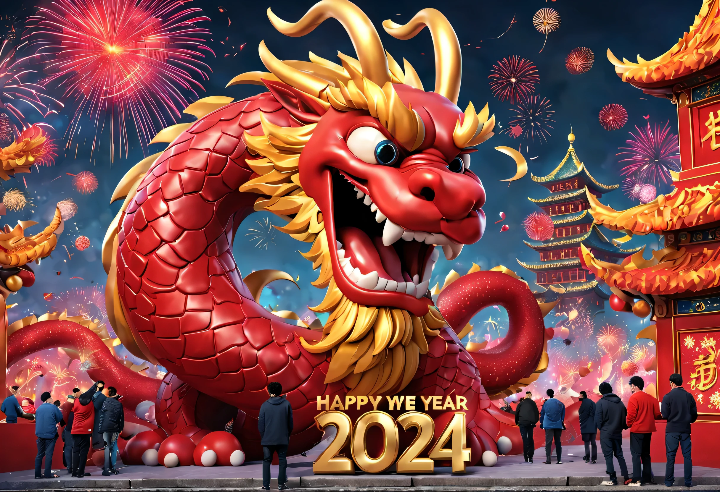 2024 new year poster design，Passionate red as the main color，with dynamism，Located in the center of the poster，Smiling giant Chinese dragon and cute rabbit electronic lcd screen countdown clock design，People look at the clock and shout，There are various carnival elements scattered around，(air zone、fire works, ETC) ，At the bottom of the poster，(a happy new year），（Gold Medal 2024），Made by Pixar，3D，Steam cyberpunk，