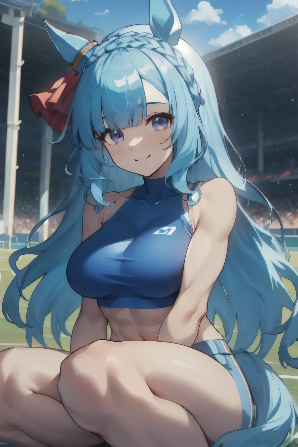 mejiro ardan\(umamusume\), masterpiece, best quality, (ultra-detailed face), muscular, symmetrical face, beautiful face, slender, abs, sports bra, horse tail, smile, athletics track, large tits, hand between legs